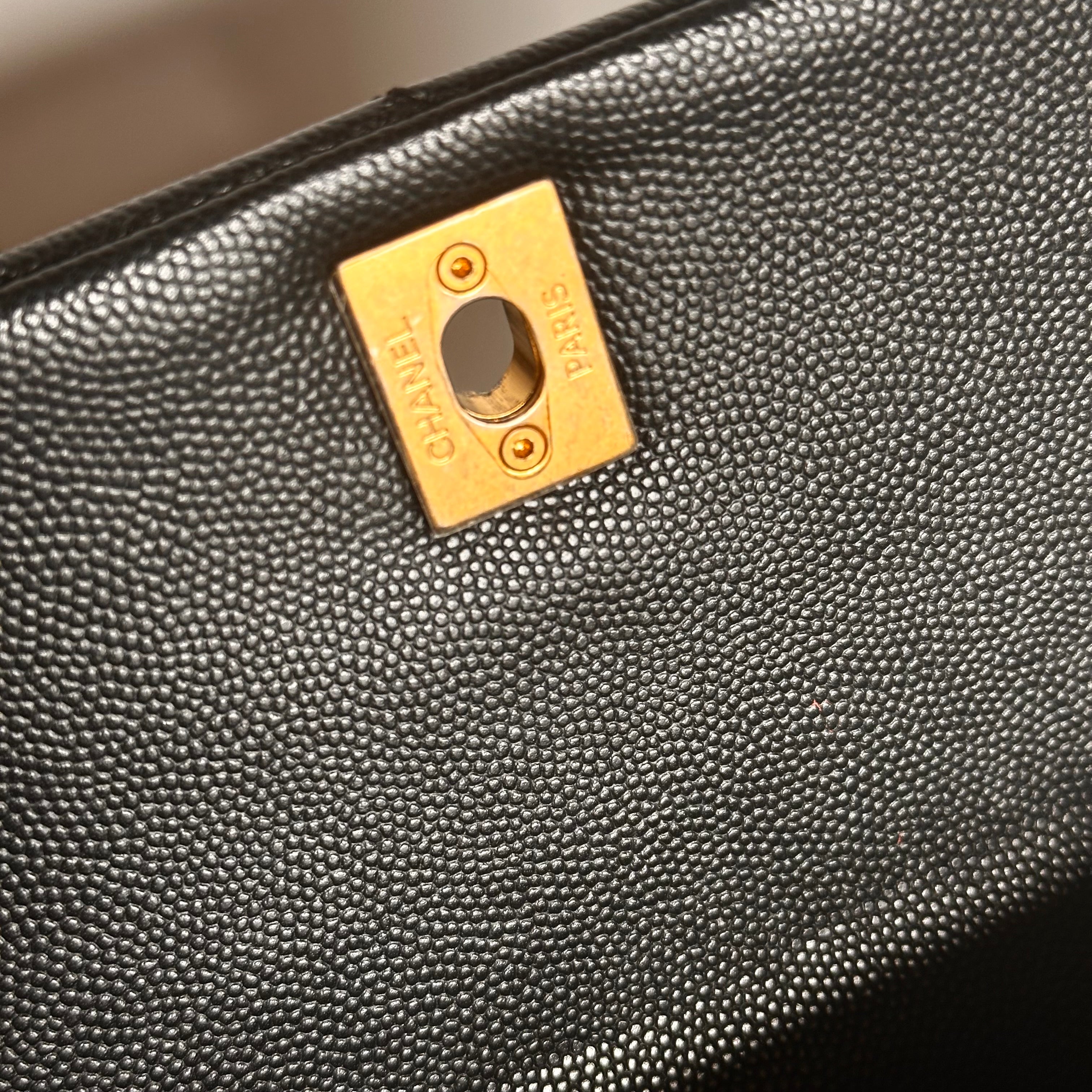 2019 Chanel Small Coco Handle Flap Black Caviar & Dark Burgundy Lizard Embossed Calfskin GHW