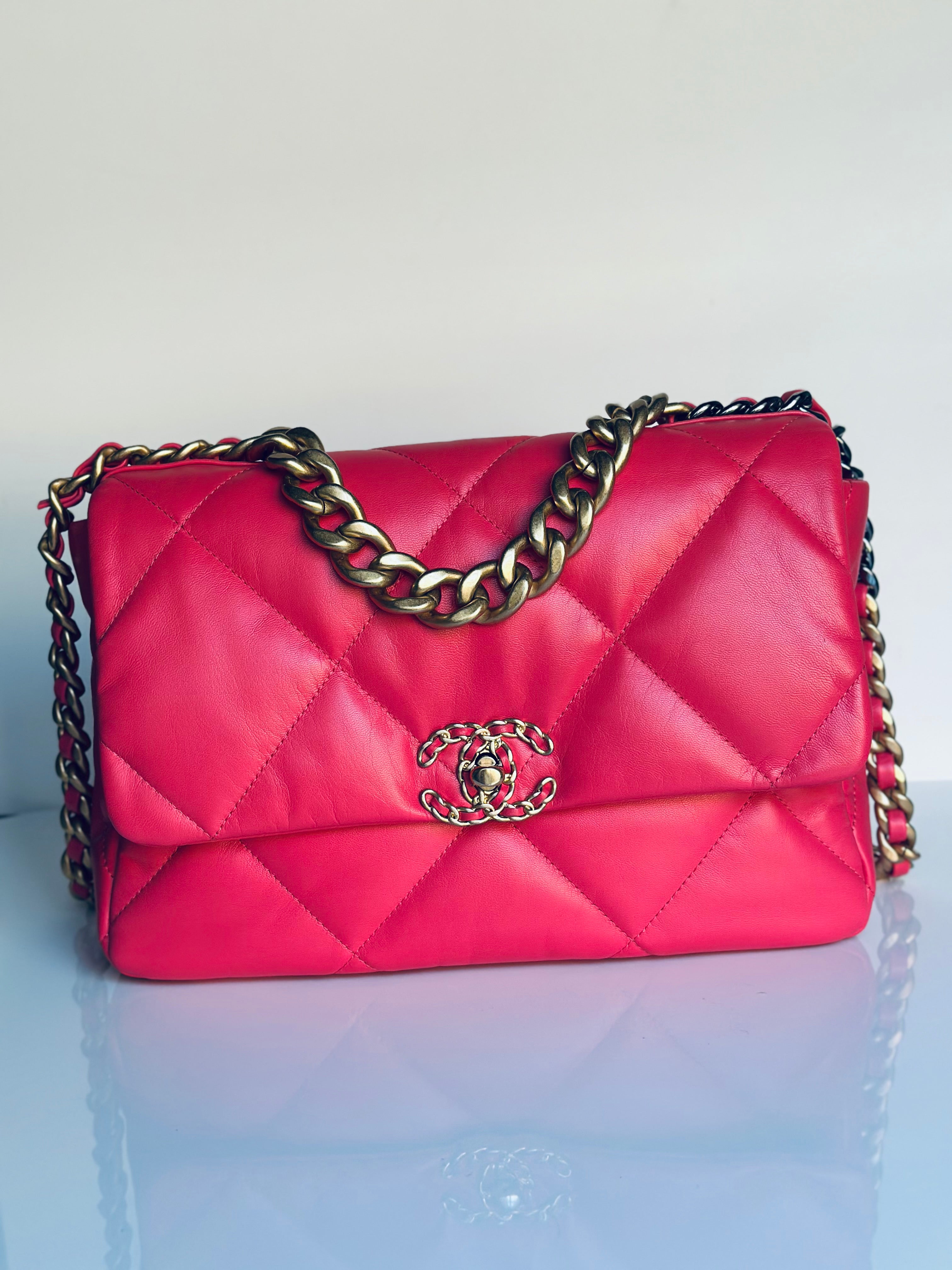 2020 Chanel 19 Large Flap Dark Pink Goatskin Trio-Mix Finish Hardware