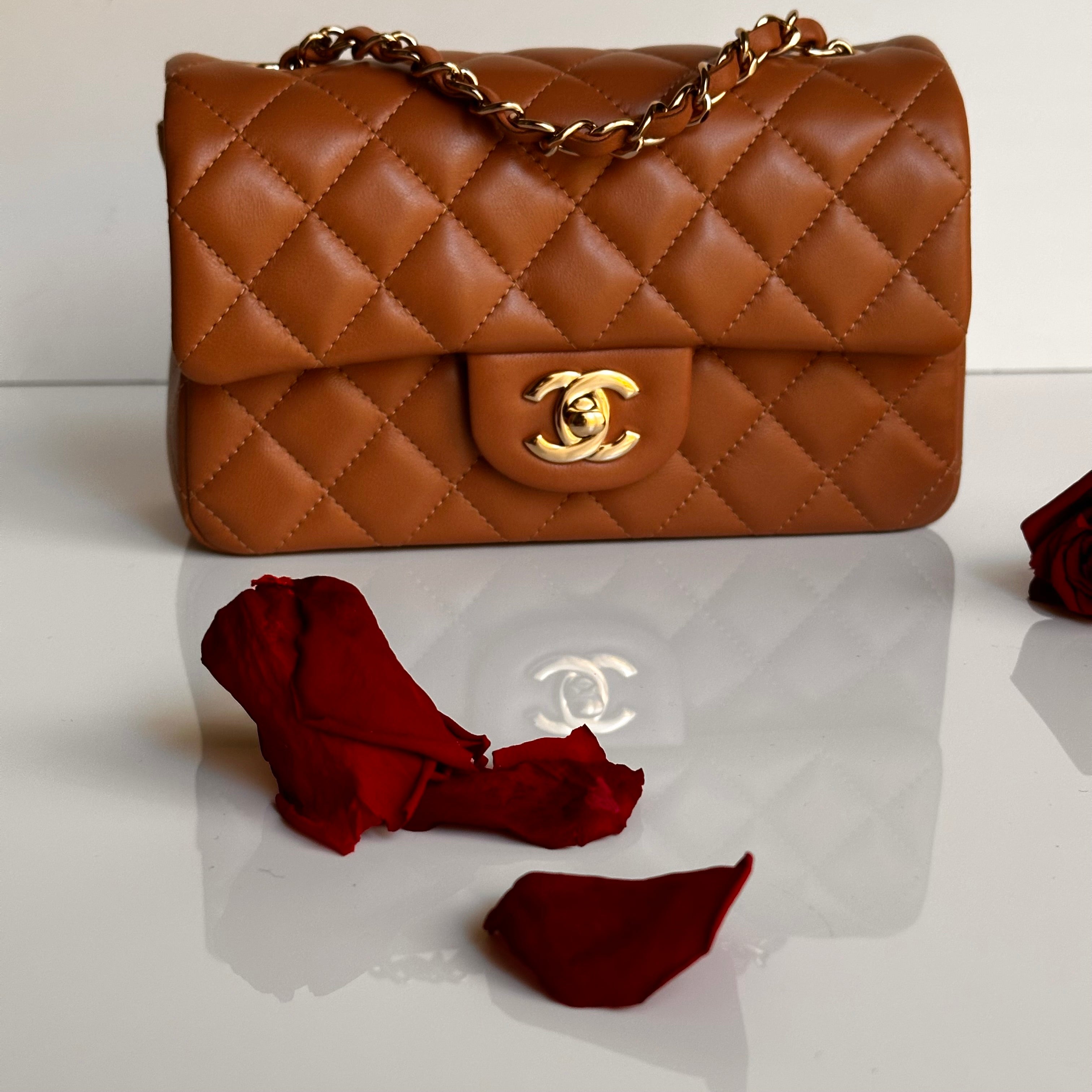 21P Chanel Mini Rectangular Classic Flap Caramel Brown Lambskin LGHW