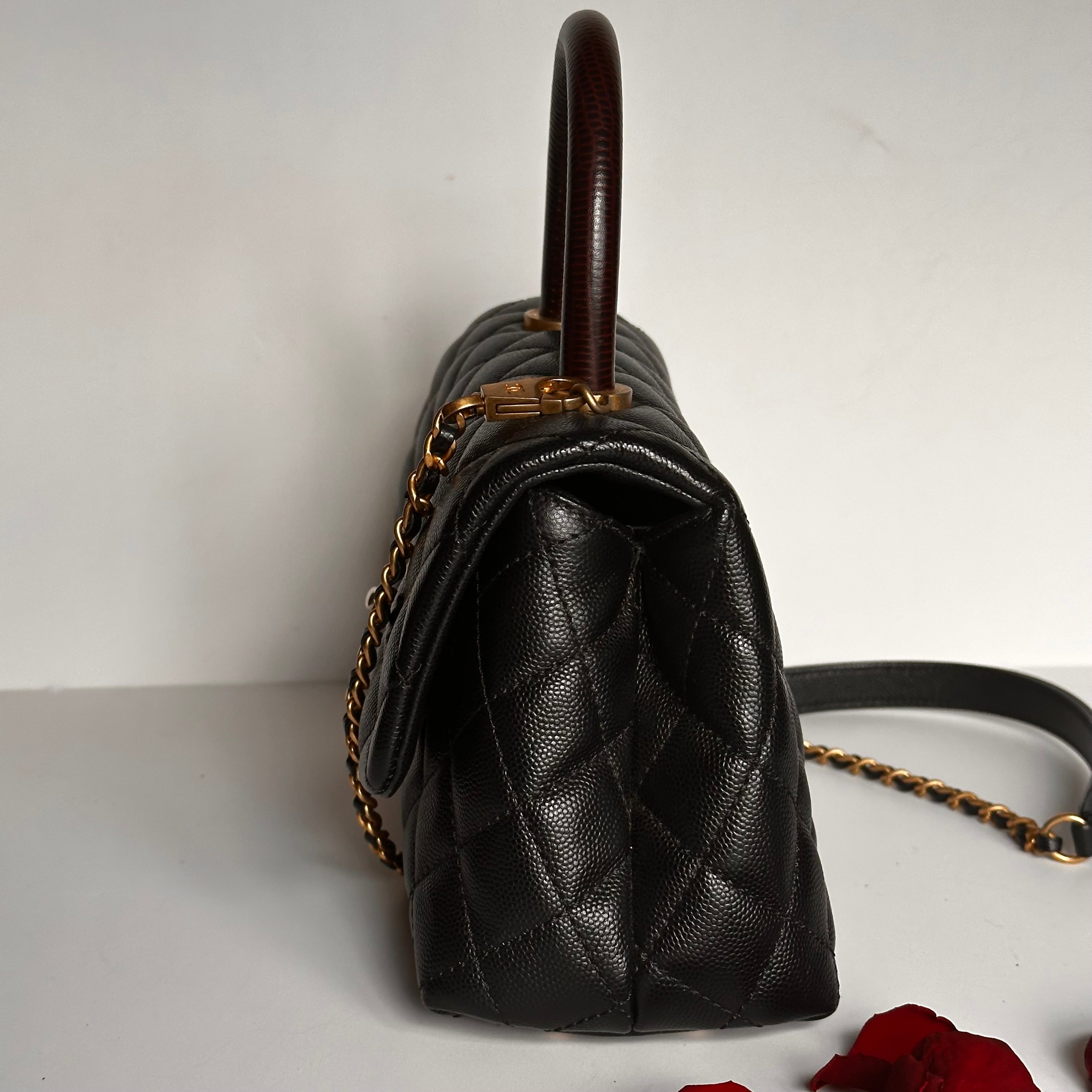 2019 Chanel Small Coco Handle Flap Black Caviar & Dark Burgundy Lizard Embossed Calfskin GHW