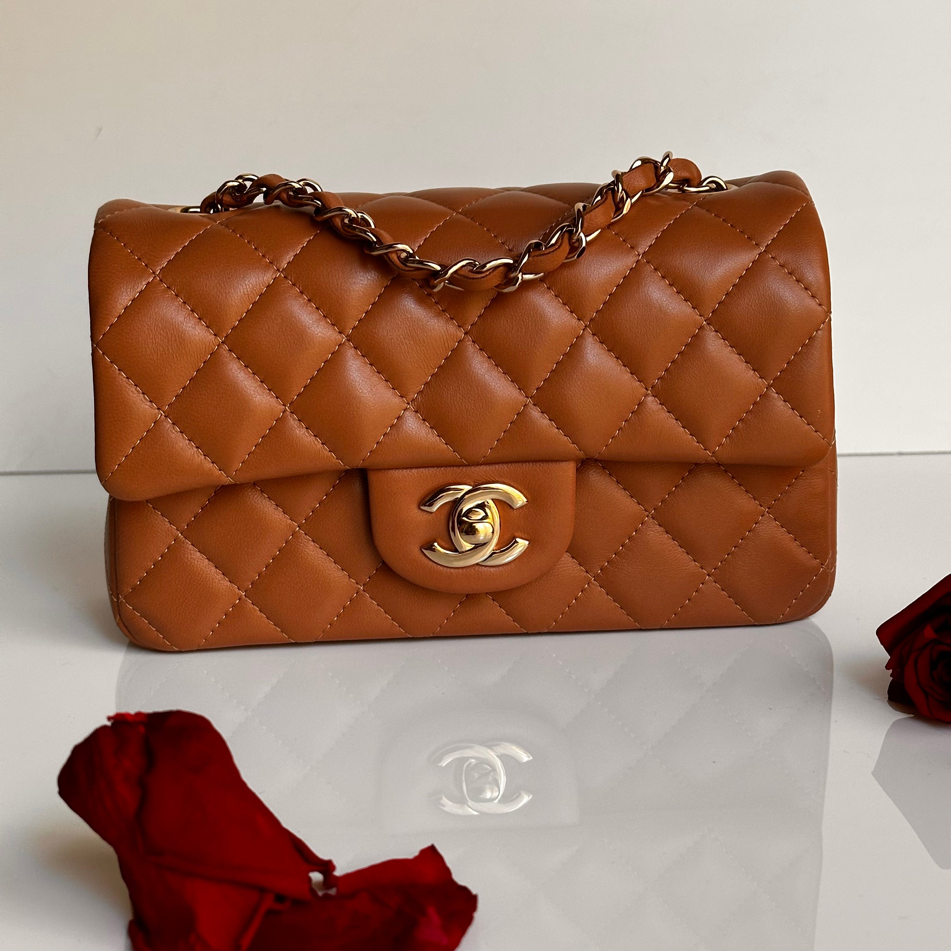 21P Chanel Mini Rectangular Classic Flap Caramel Brown Lambskin LGHW