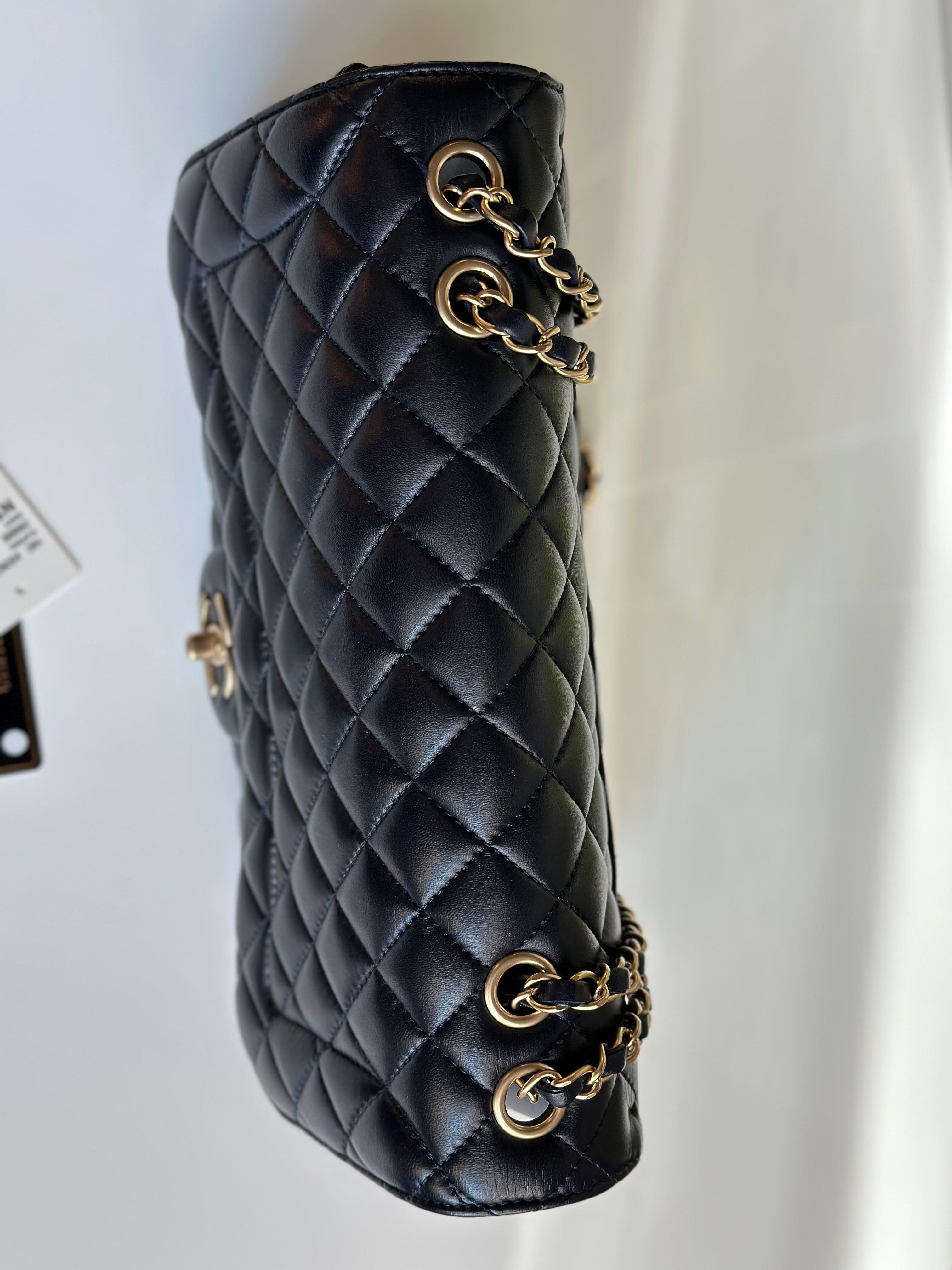 2016 Chanel Mademoiselle Chic Flap Navy Blue Lambskin and Satin Aged Gold Hardware
