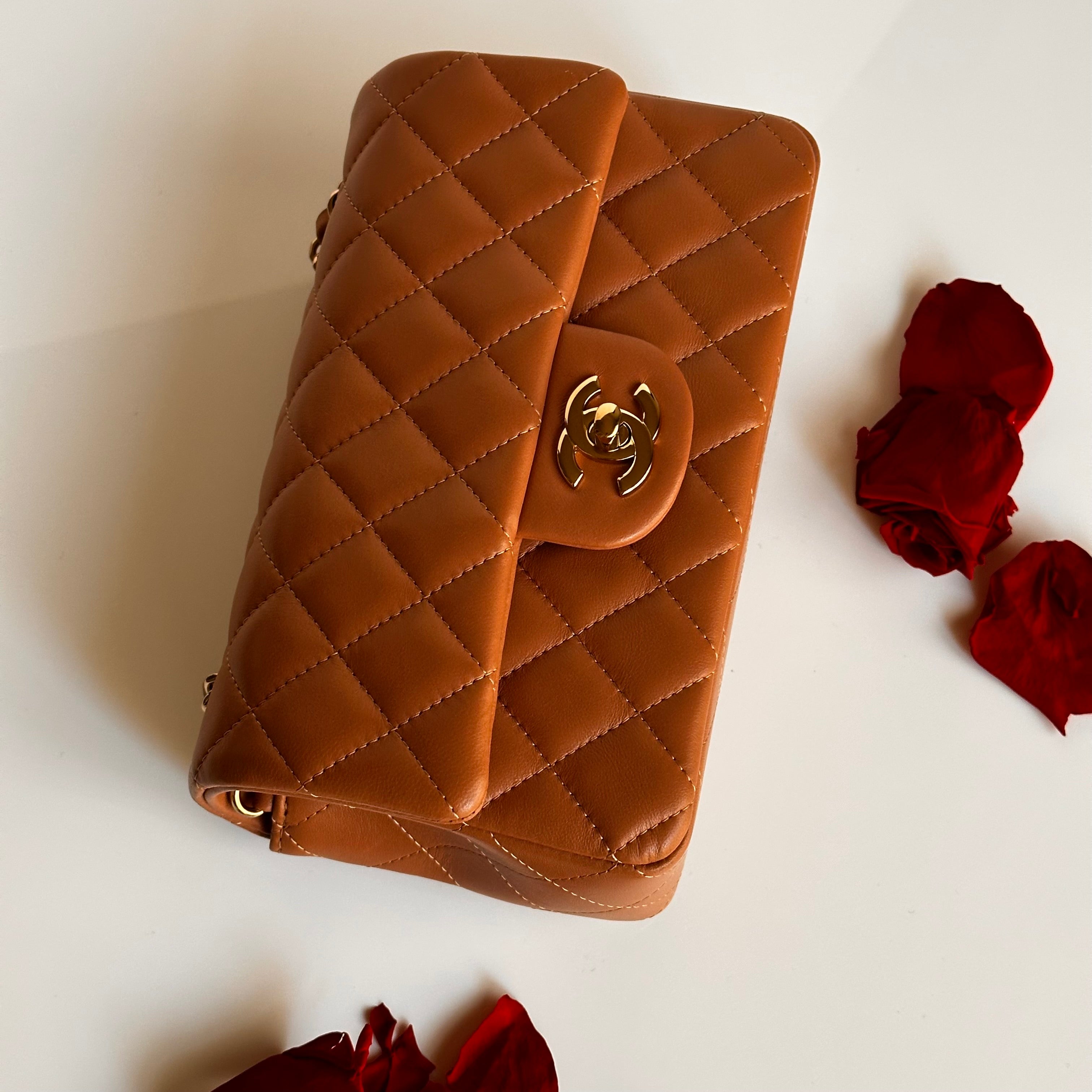 21P Chanel Mini Rectangular Classic Flap Caramel Brown Lambskin LGHW