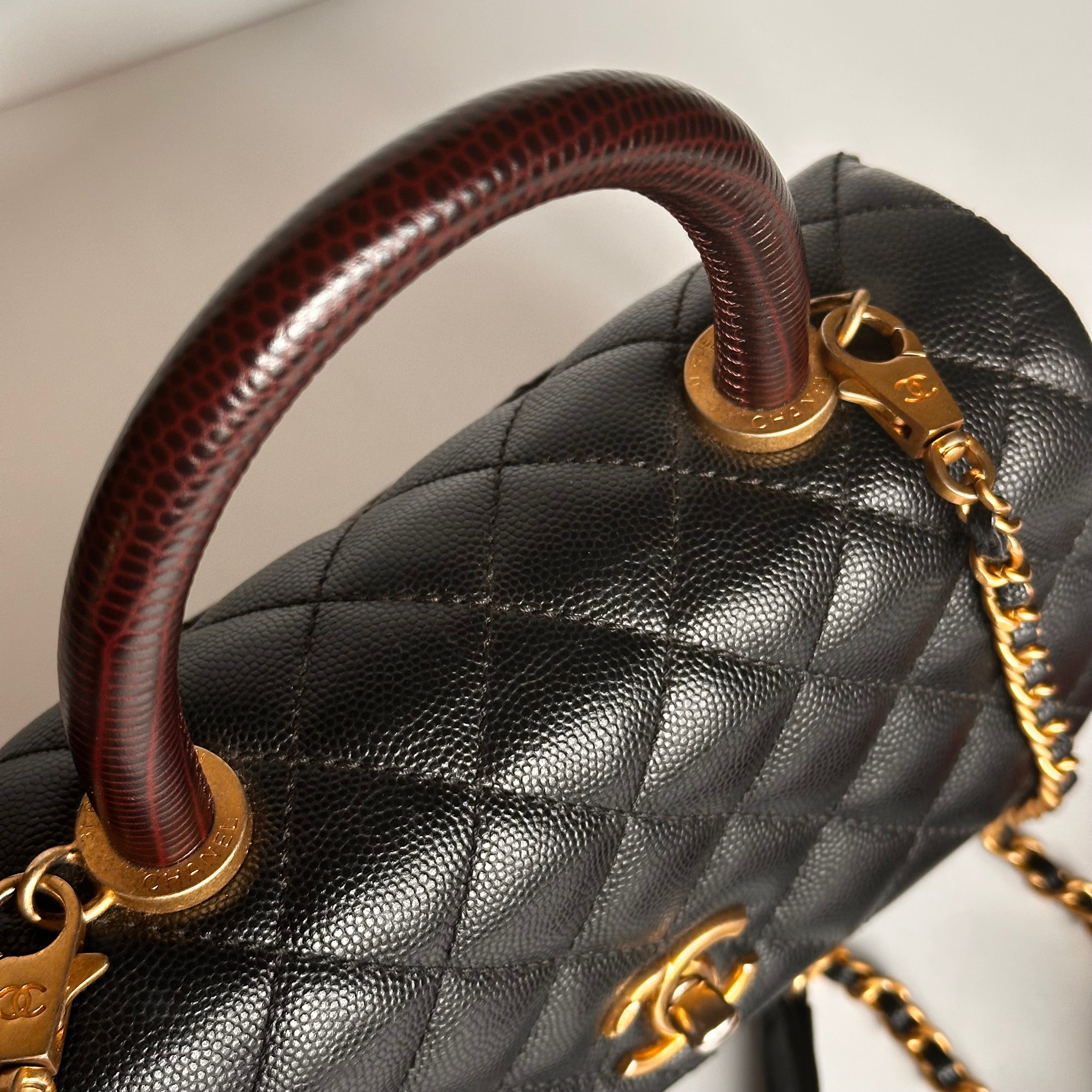 2019 Chanel Small Coco Handle Flap Black Caviar & Dark Burgundy Lizard Embossed Calfskin GHW