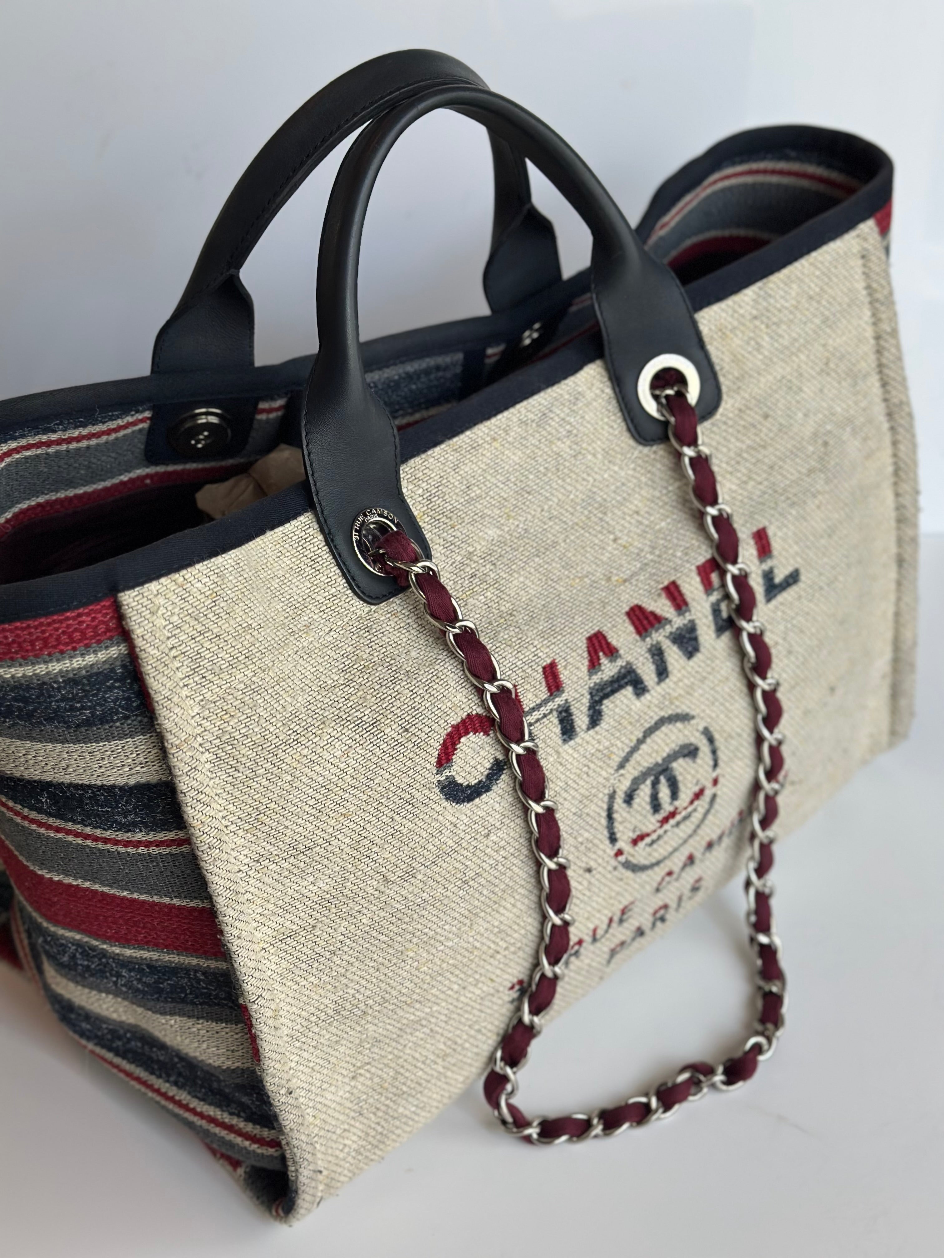 18A Chanel Large Deauville Shopping Tote Beige Toile & Calfskin