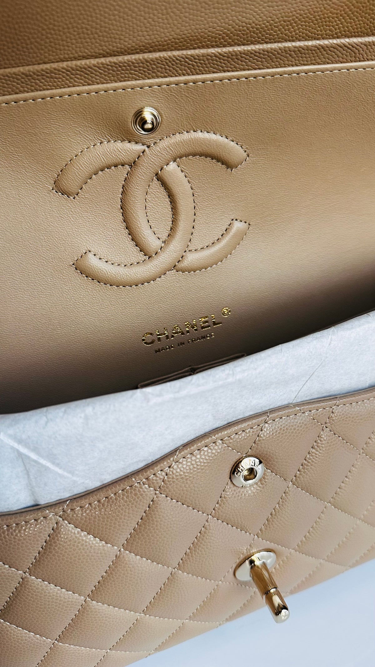 Like New 22A Chanel Timeless Classic Flap Dark Beige Caviar LGHW