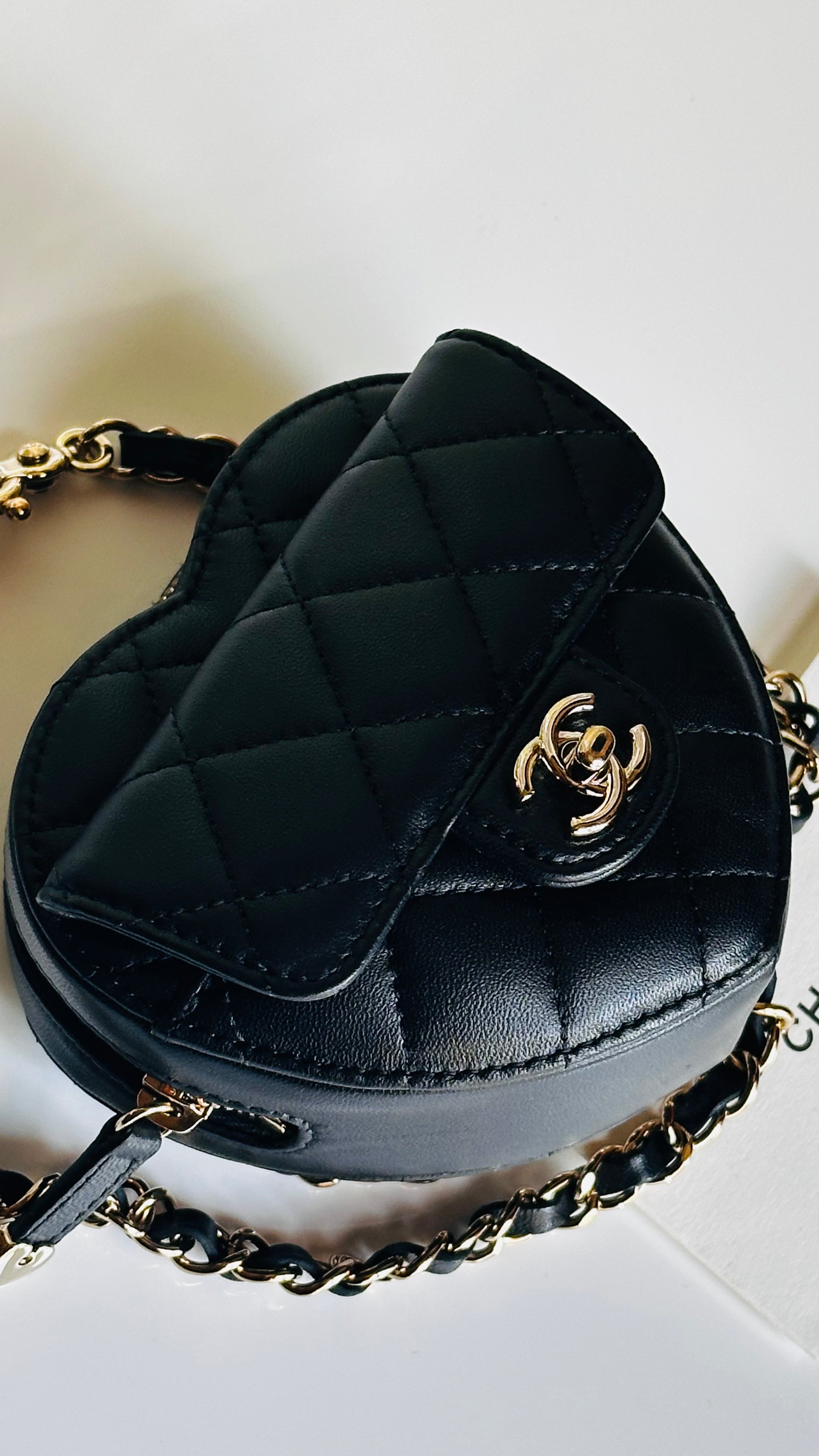 2022 Chanel CC in Love Heart Waist Bag Black Lambskin & Light Gold Hardware