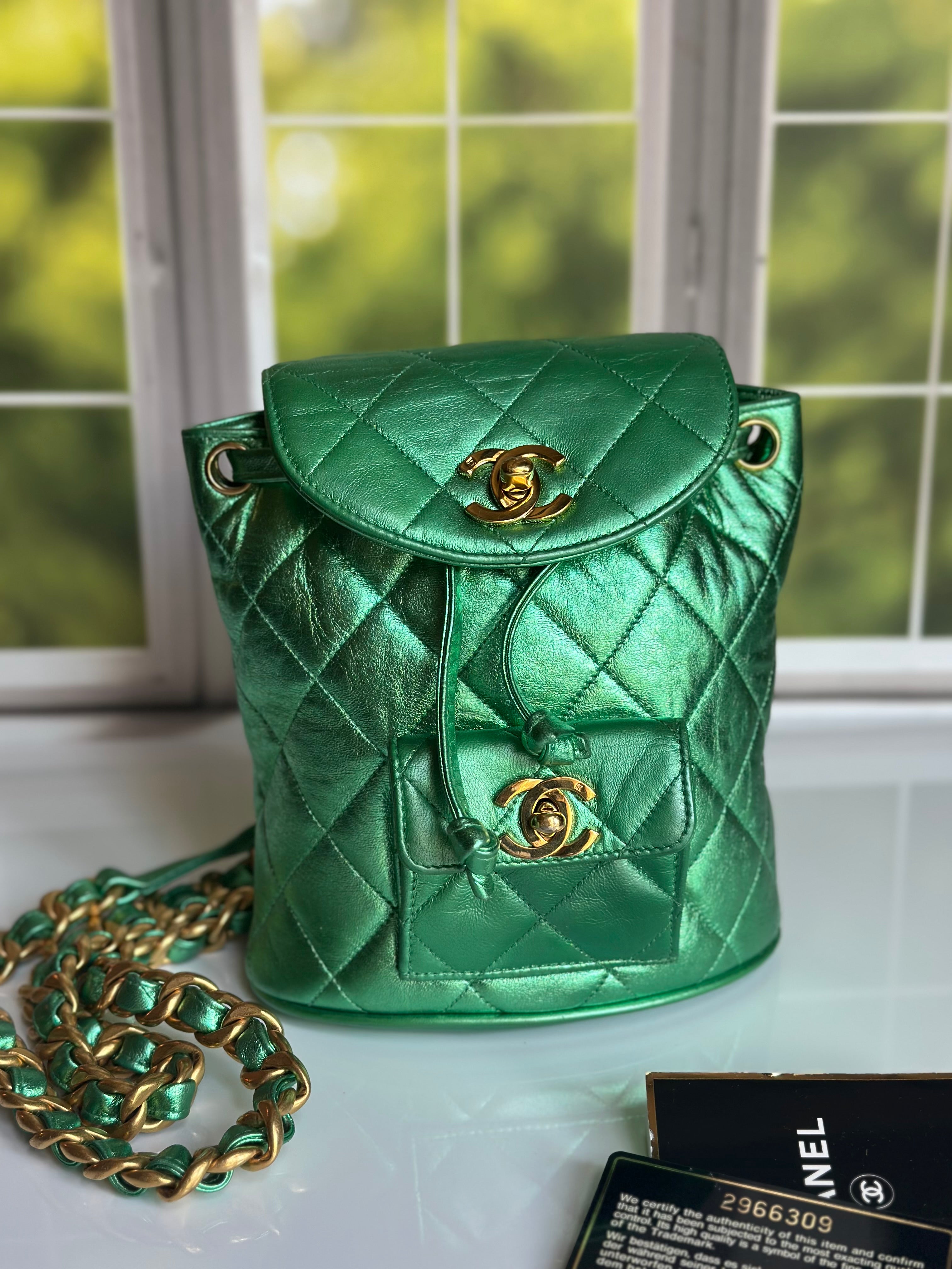 1994 Chanel Mini Duma Backpack Metallic Green Lambskin & 24K Gold Plated Hardware