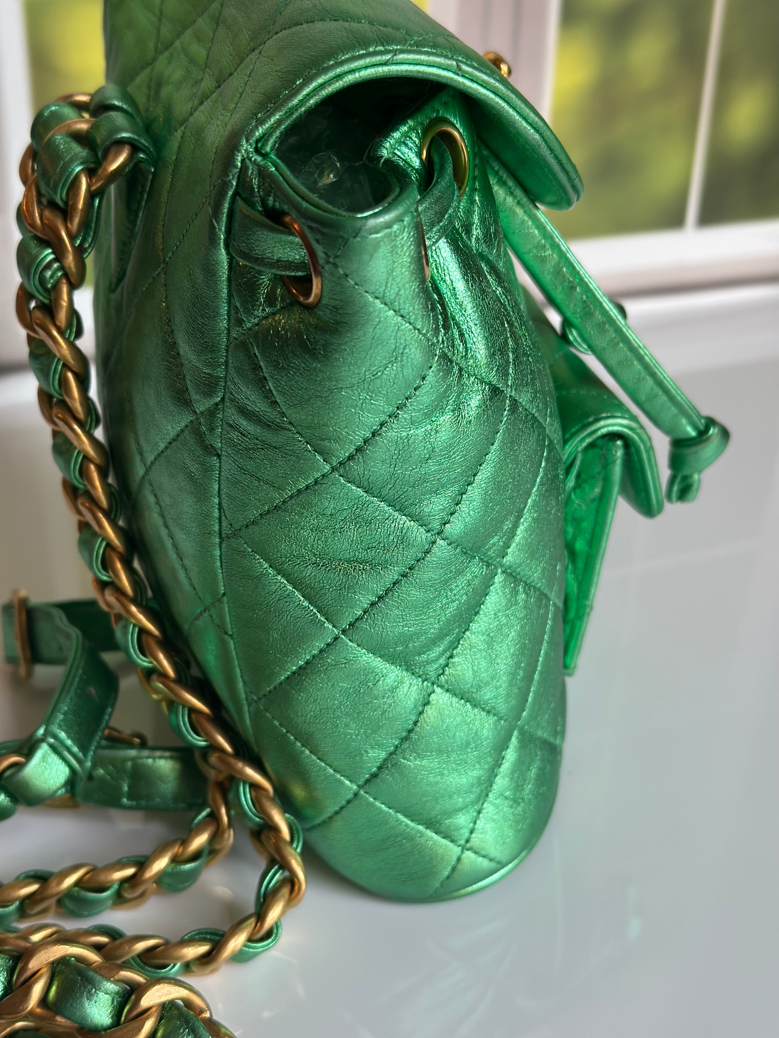 1994 Chanel Mini Duma Backpack Metallic Green Lambskin & 24K Gold Plated Hardware