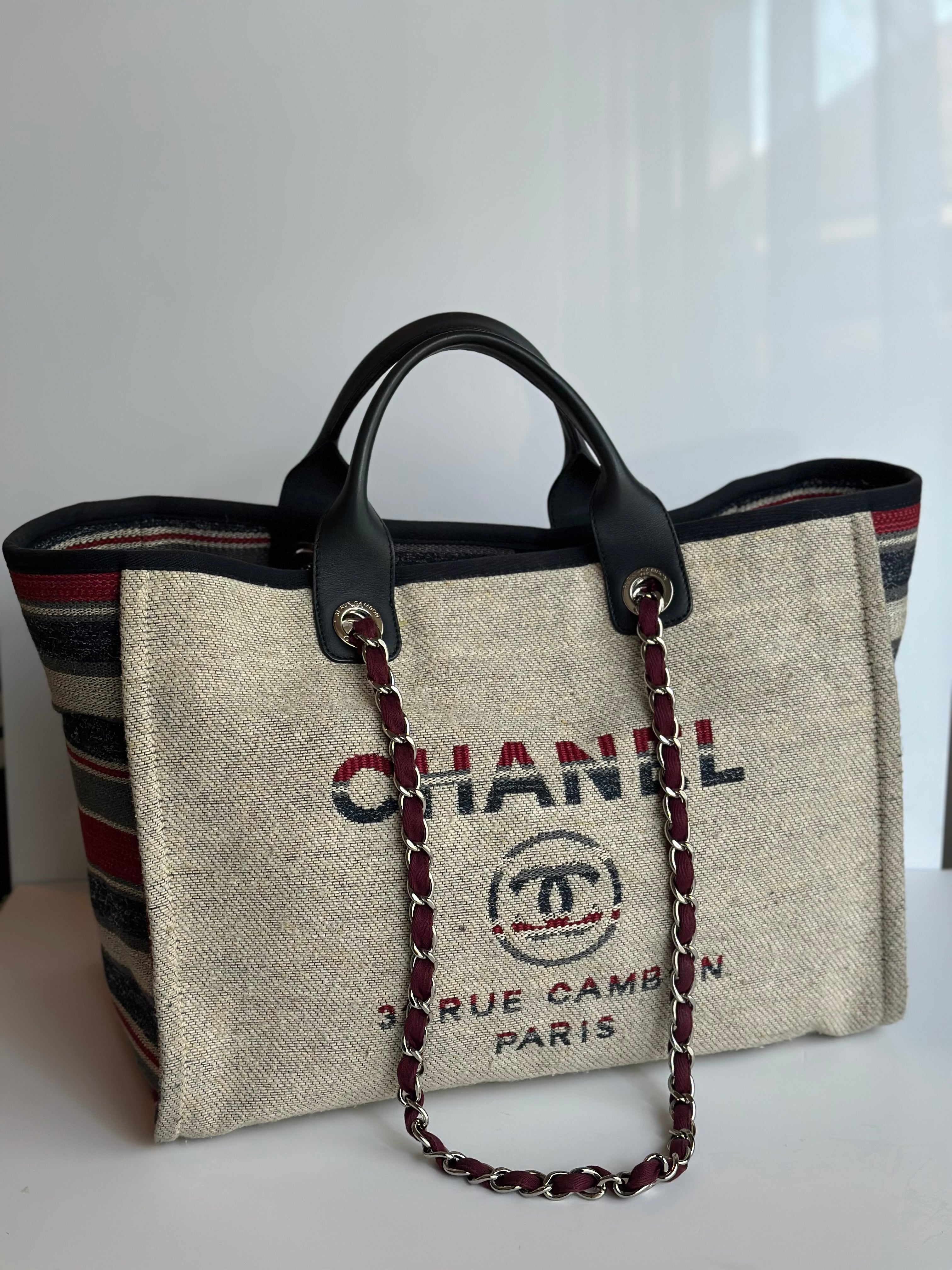 18A Chanel Large Deauville Shopping Tote Beige Toile & Calfskin