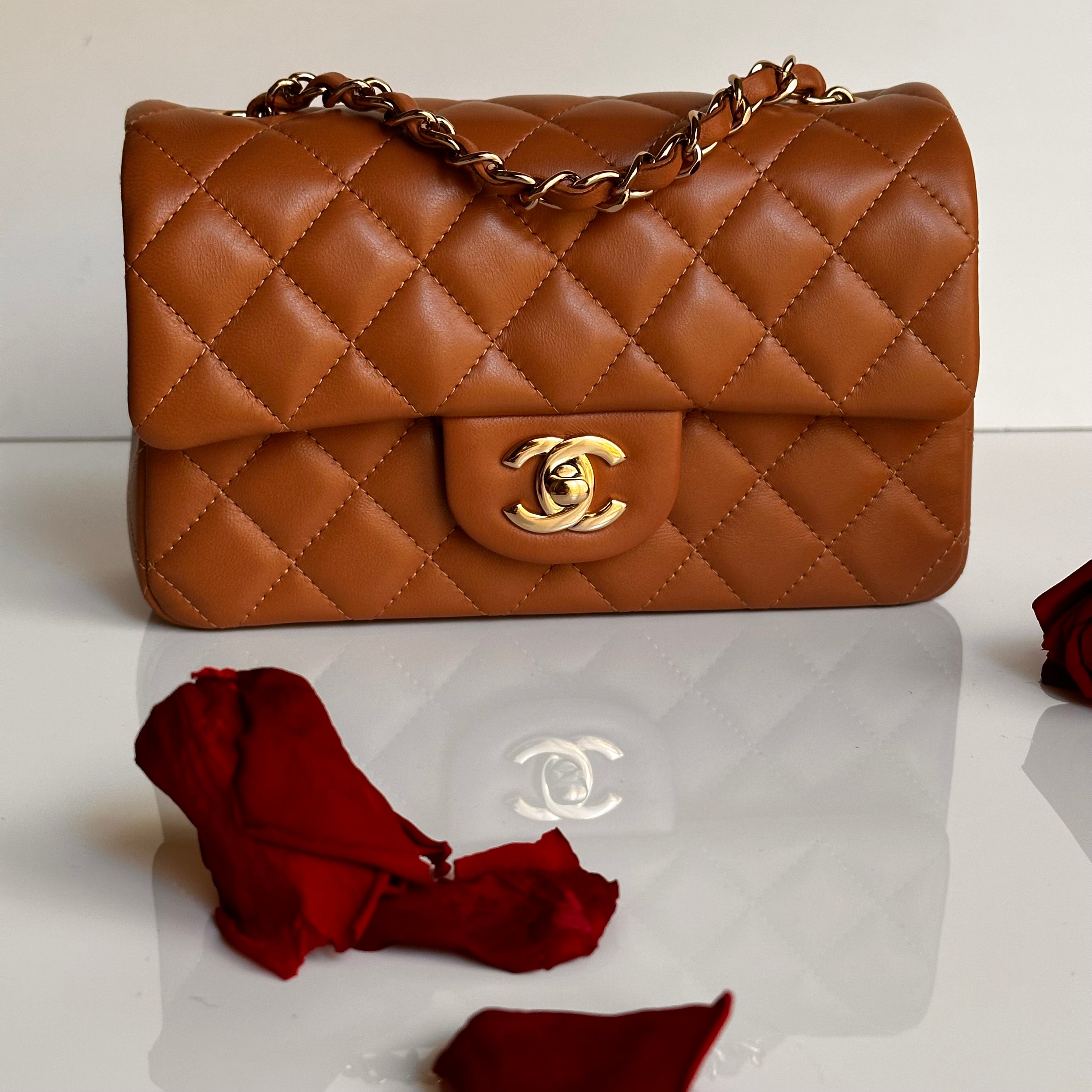 21P Chanel Mini Rectangular Classic Flap Caramel Brown Lambskin LGHW