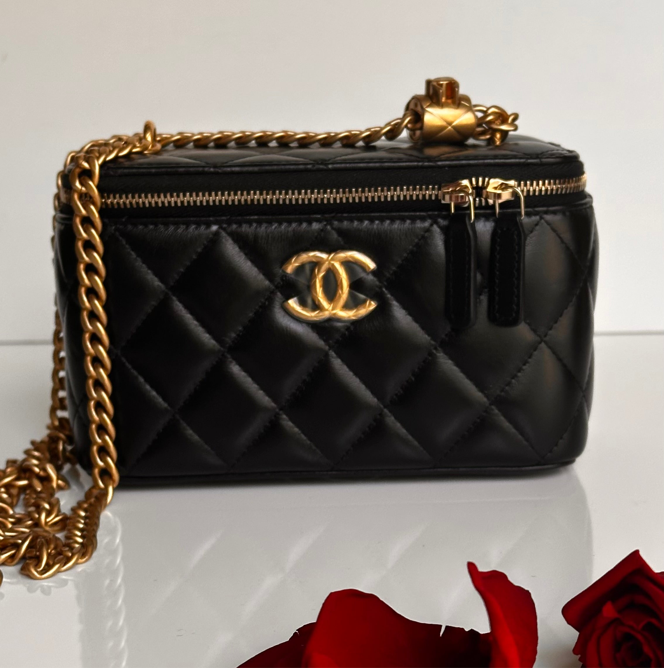 2023 Chanel All Side Long Vanity Bag Black Lambskin Aged Gold Hardware