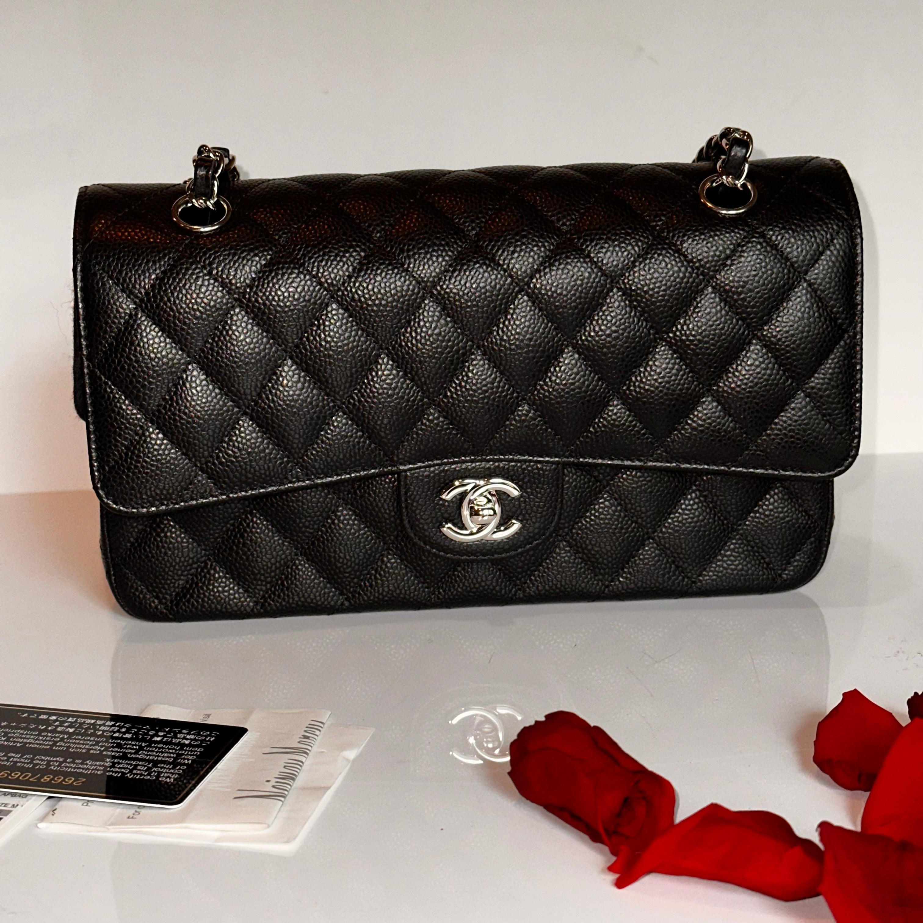 CHANEL Medium M/L Timeless Classic Quilted Double Flap Black Caviar/ 100% Naturally Grained Bordeaux LINING/ SHW