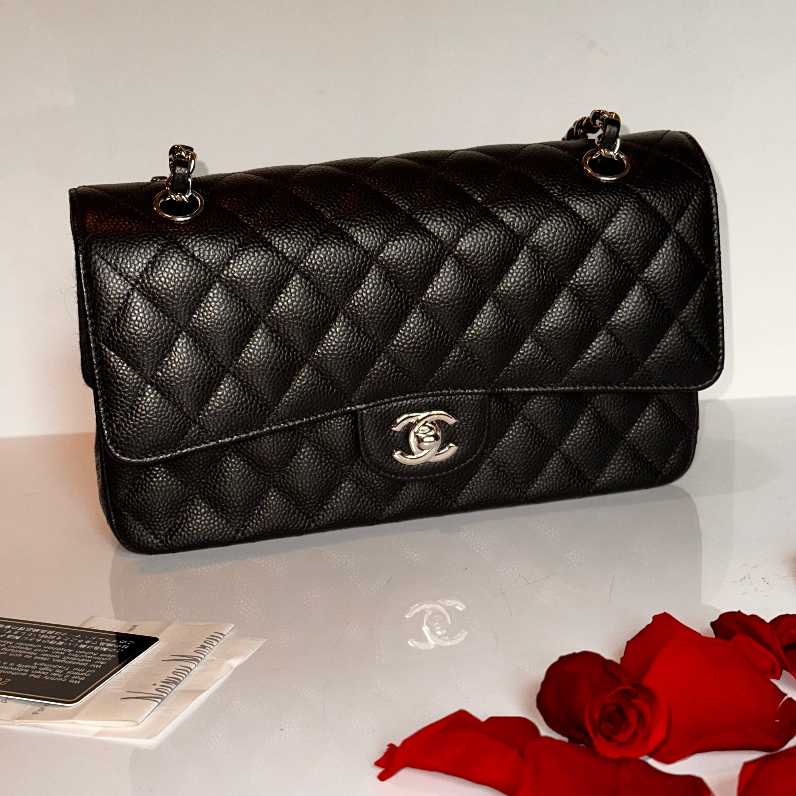 CHANEL Medium M/L Timeless Classic Quilted Double Flap Black Caviar/ 100% Naturally Grained Bordeaux LINING/ SHW