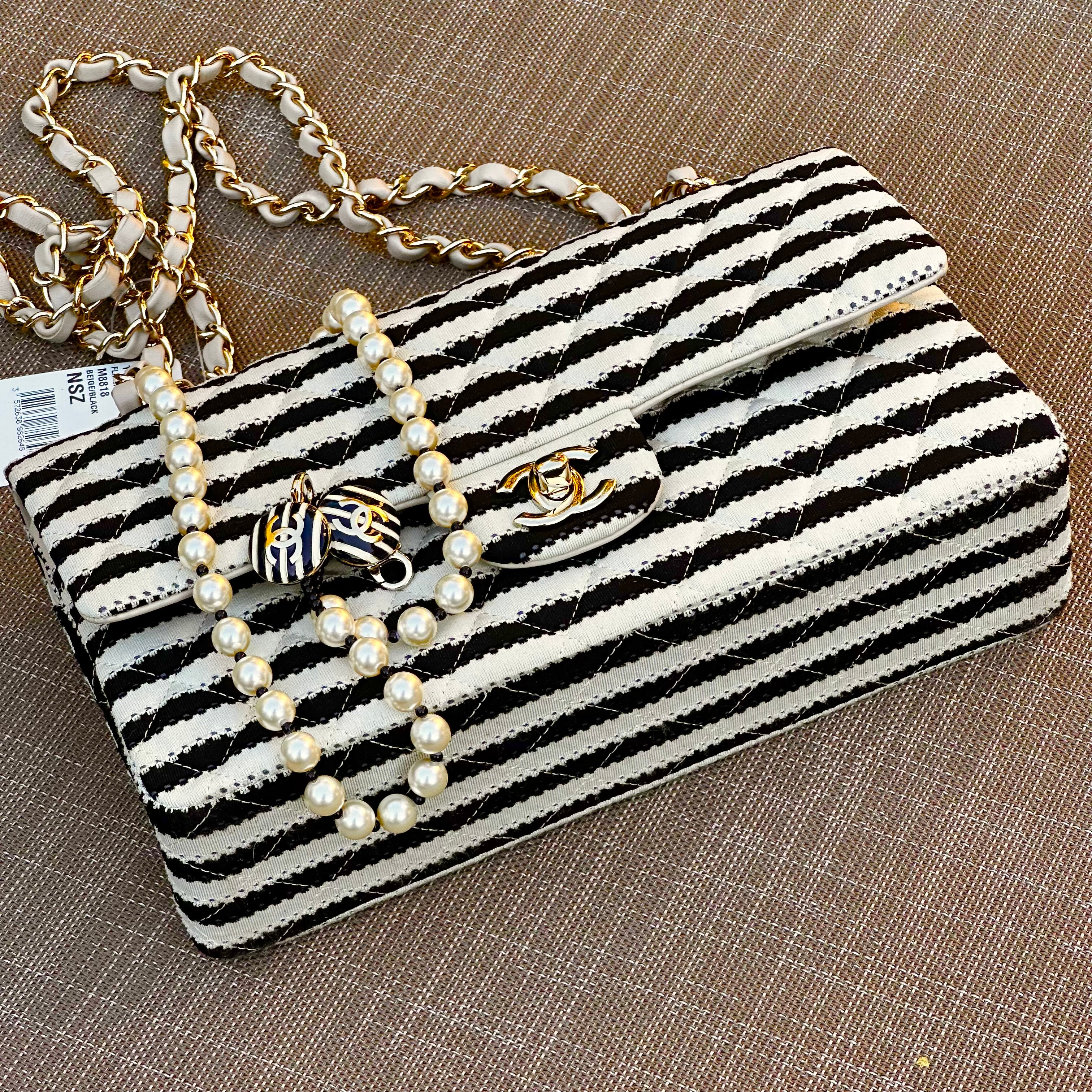 2014 Chanel Medium Flap Beige & Black Jersey LGHW