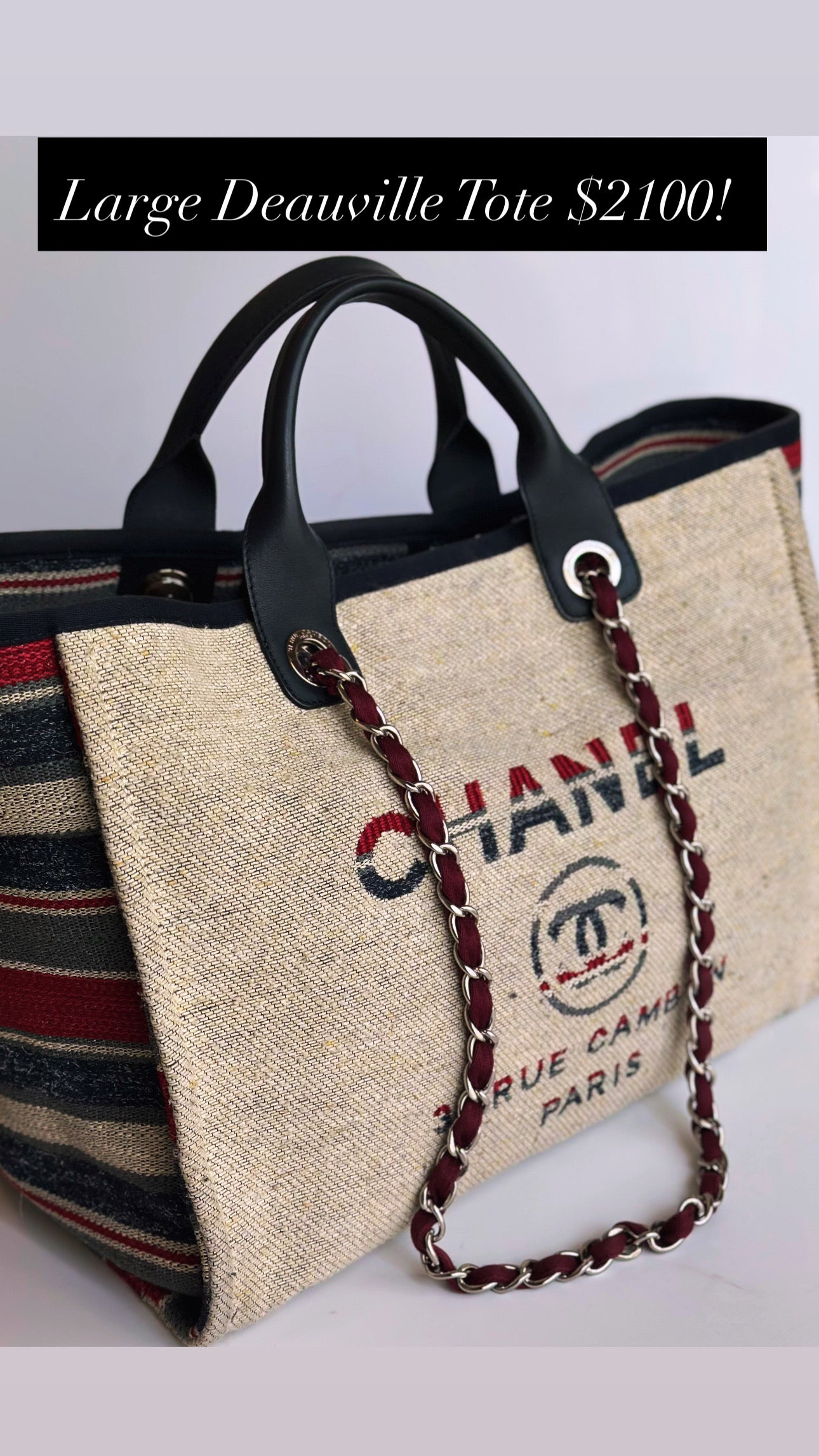 18A Chanel Large Deauville Shopping Tote Beige Toile & Calfskin
