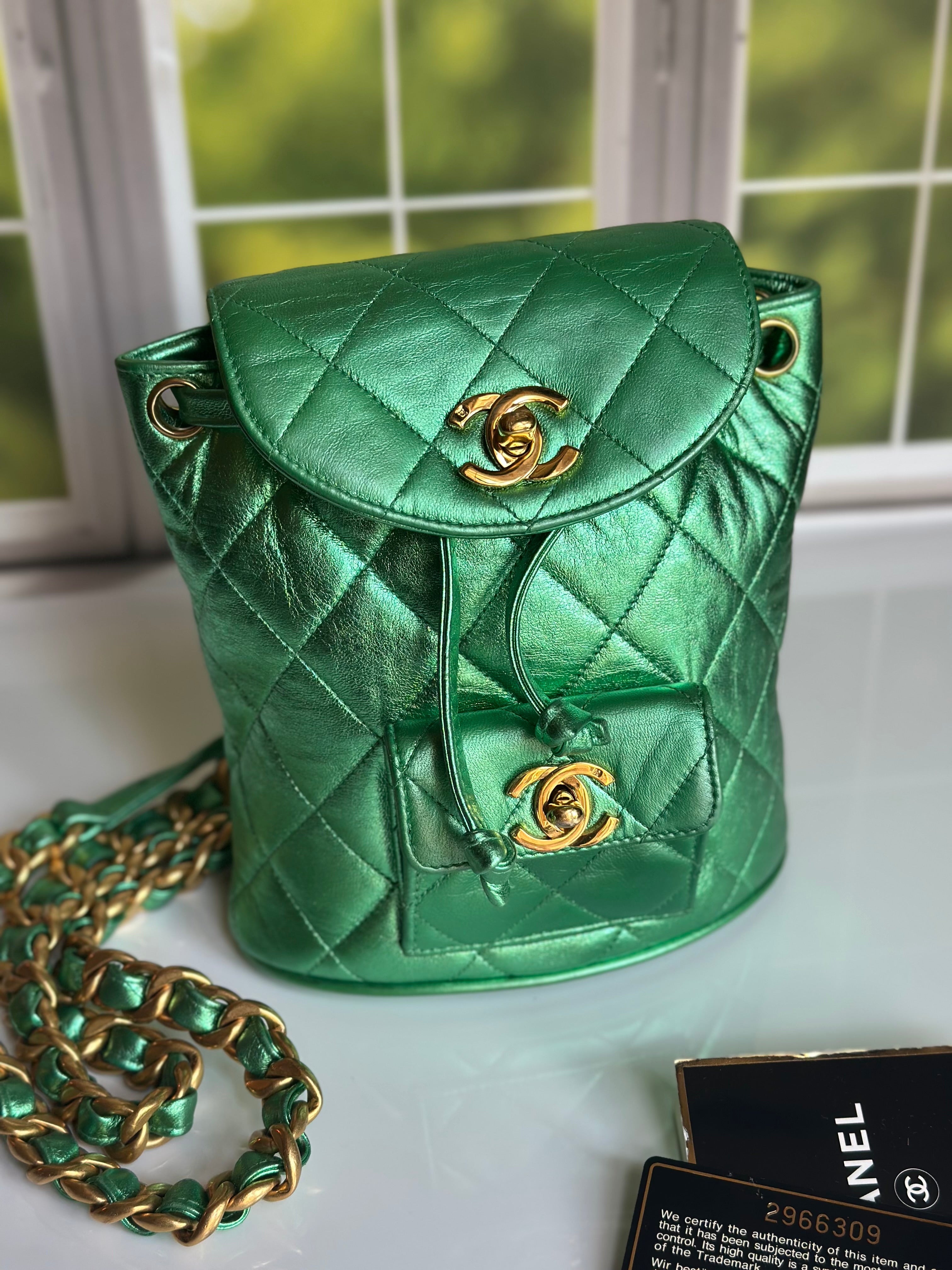 1994 Chanel Mini Duma Backpack Metallic Green Lambskin & 24K Gold Plated Hardware