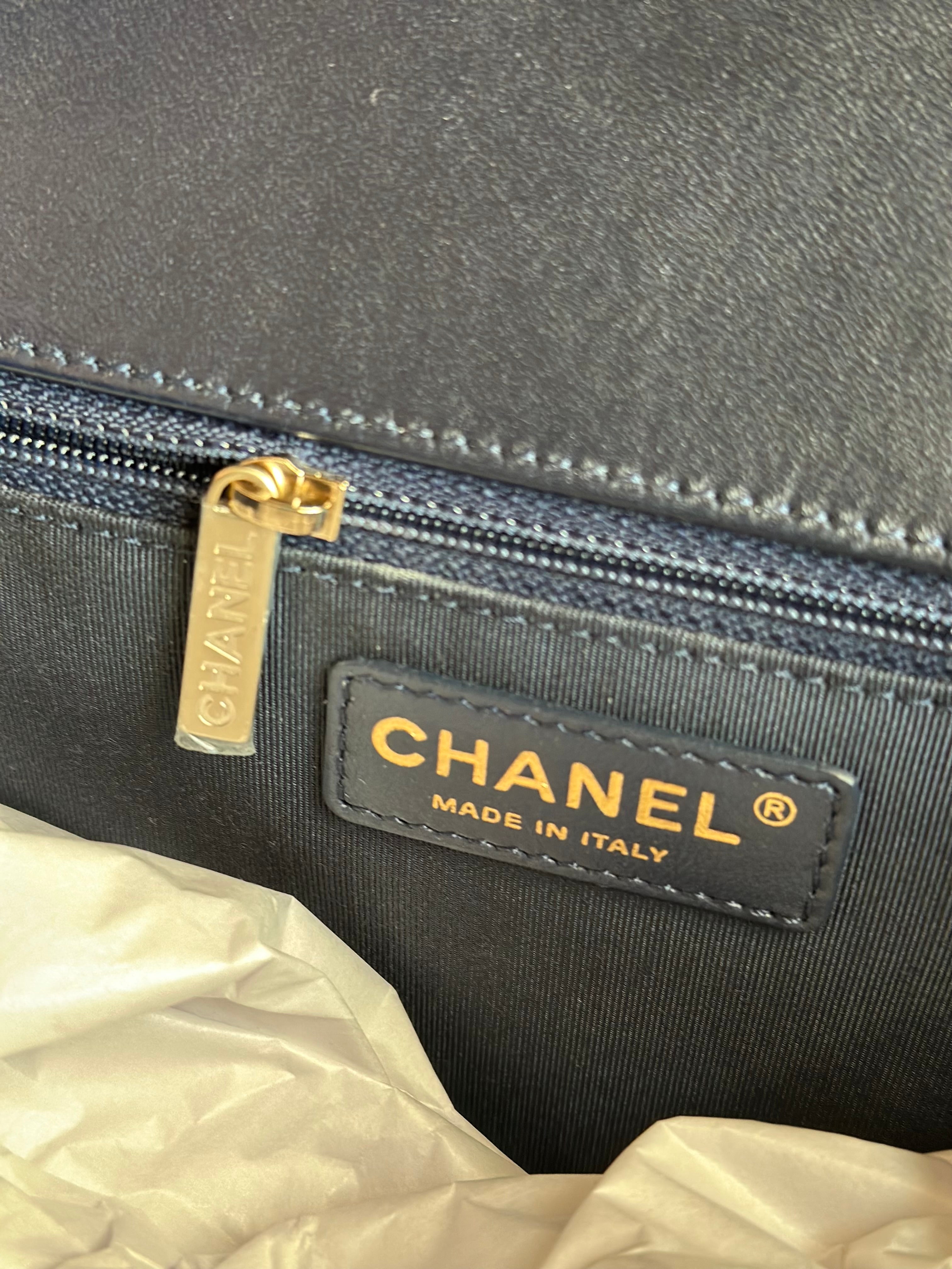 2016 Chanel Mademoiselle Chic Flap Navy Blue Lambskin and Satin Aged Gold Hardware