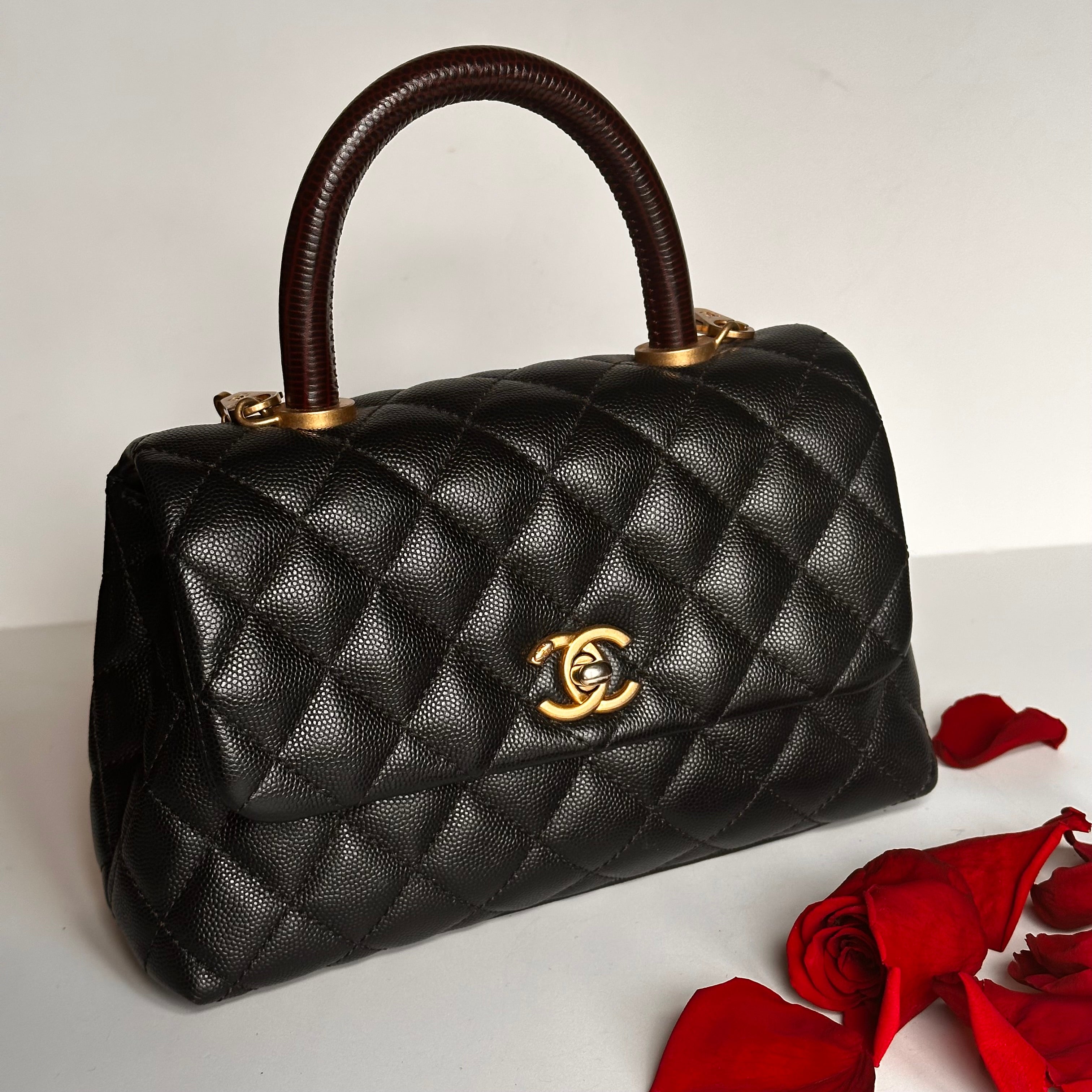 2019 Chanel Small Coco Handle Flap Black Caviar & Dark Burgundy Lizard Embossed Calfskin GHW