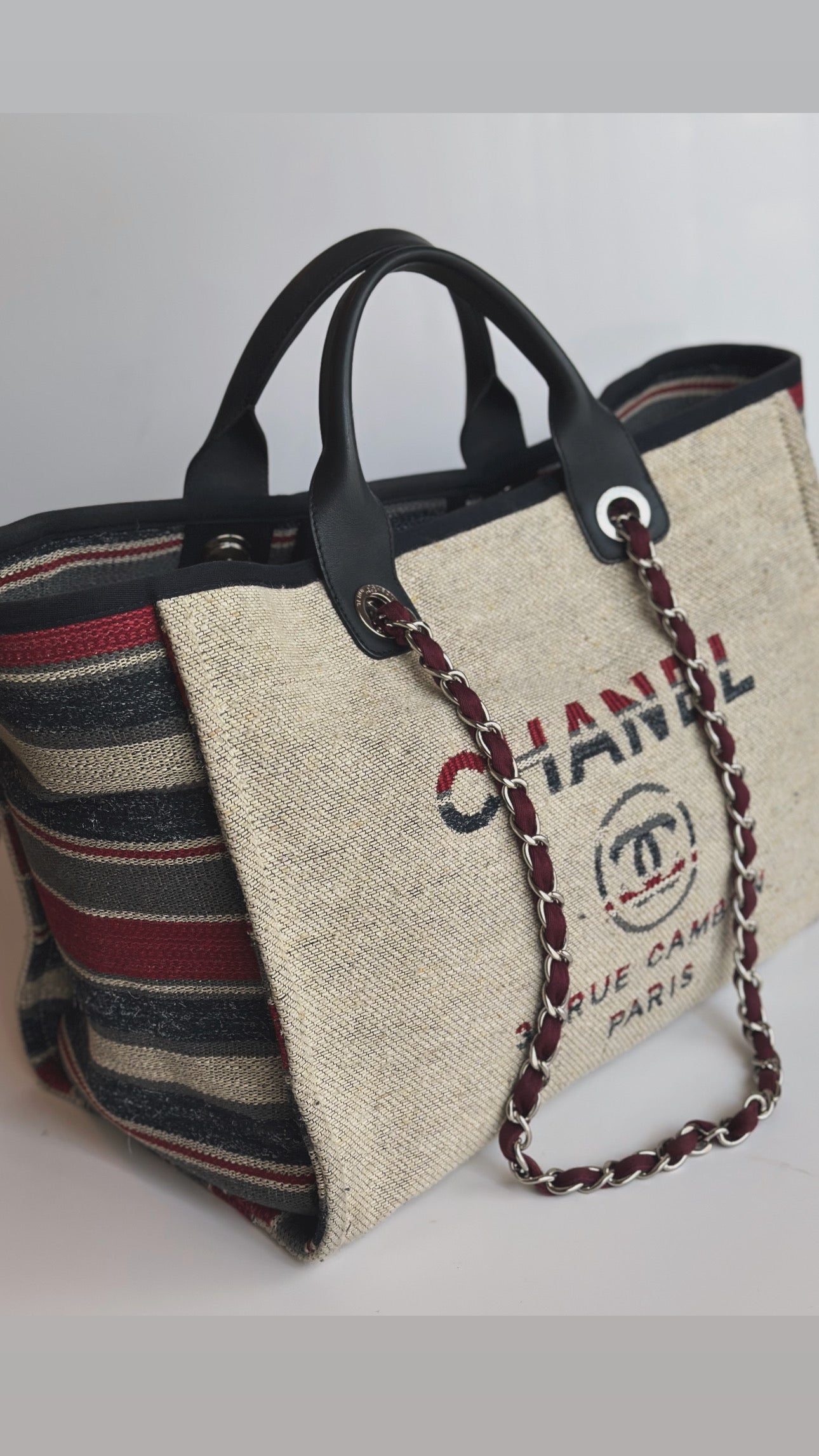 18A Chanel Large Deauville Shopping Tote Beige Toile & Calfskin