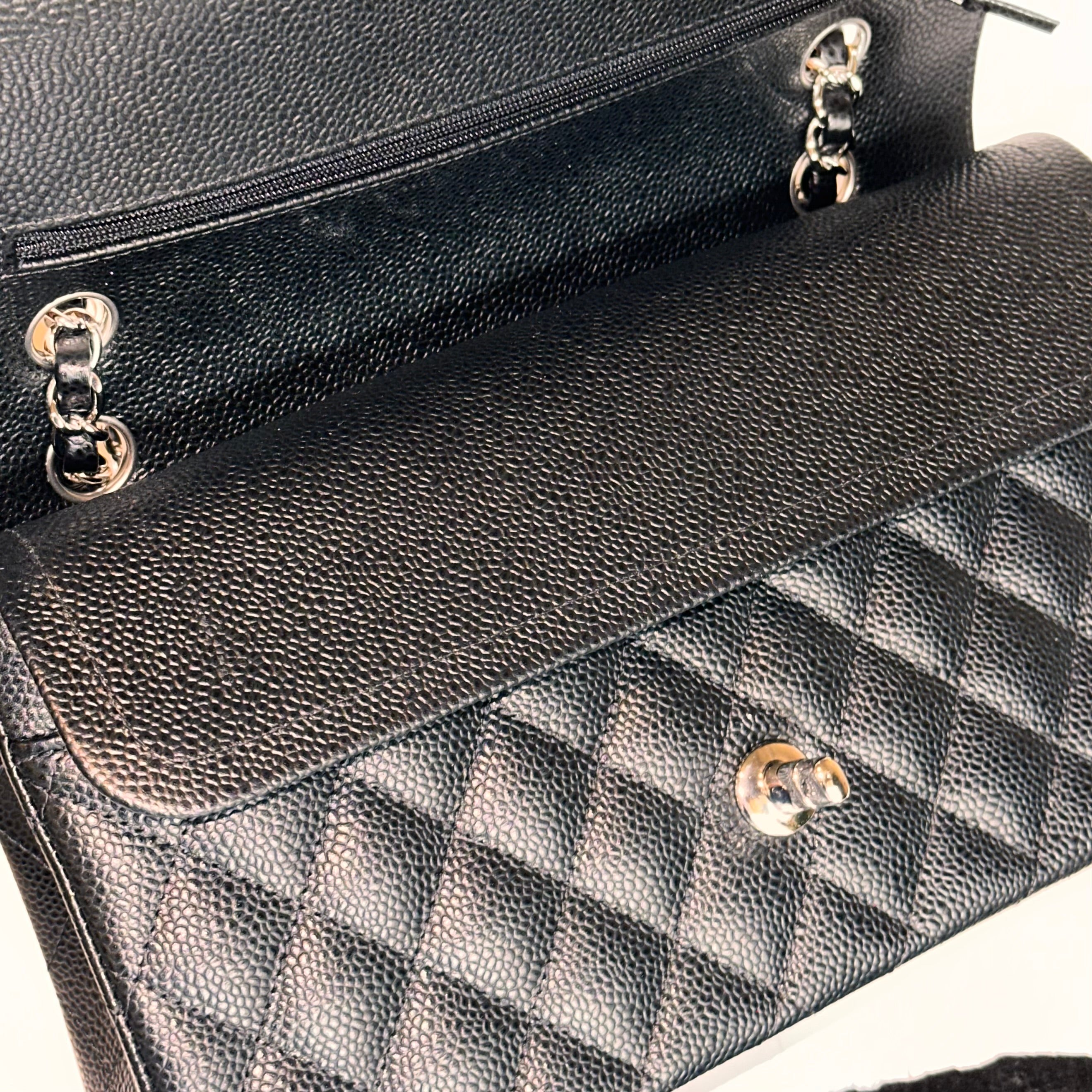 CHANEL Medium M/L Timeless Classic Quilted Double Flap Black Caviar/ 100% Naturally Grained Bordeaux LINING/ SHW