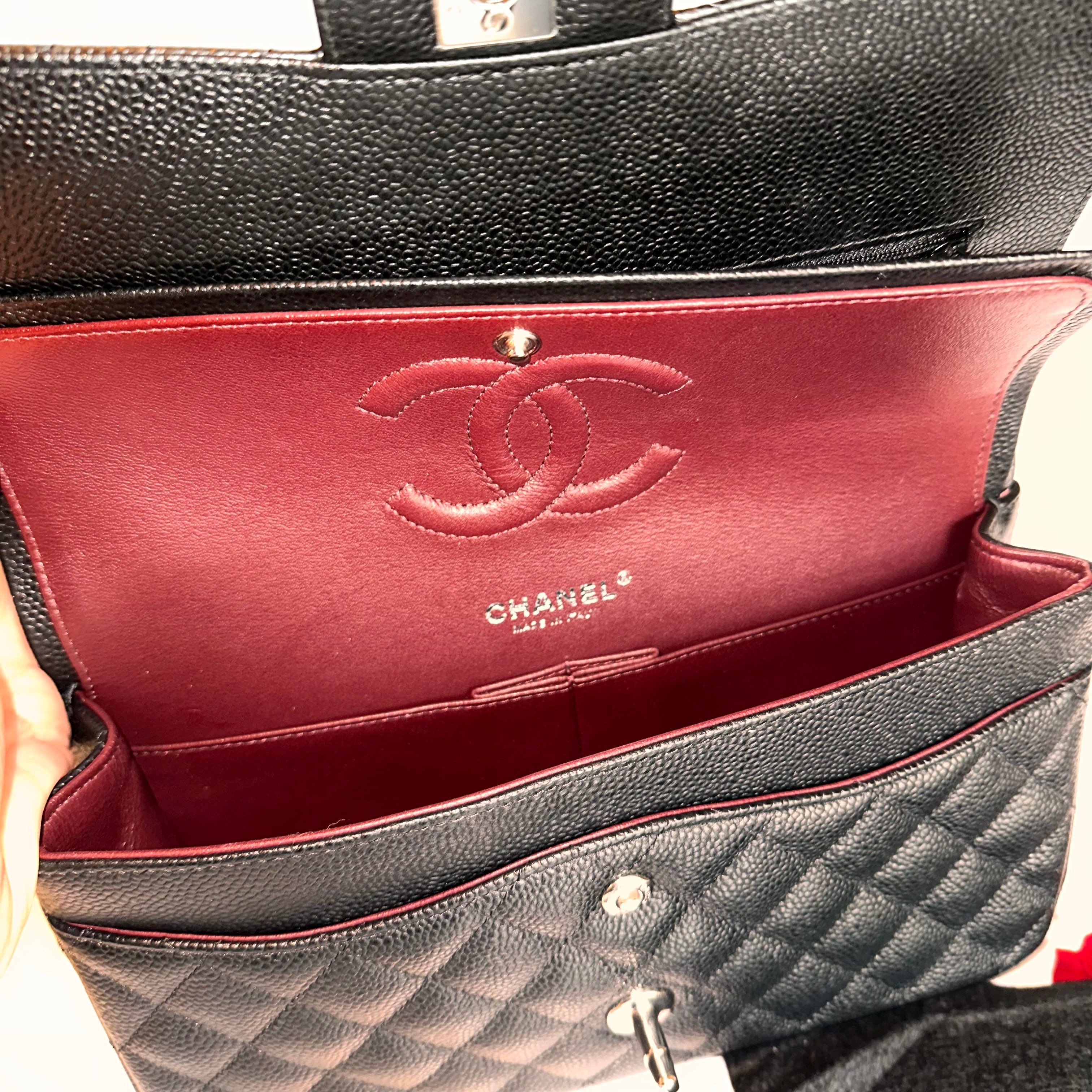 CHANEL Medium M/L Timeless Classic Quilted Double Flap Black Caviar/ 100% Naturally Grained Bordeaux LINING/ SHW