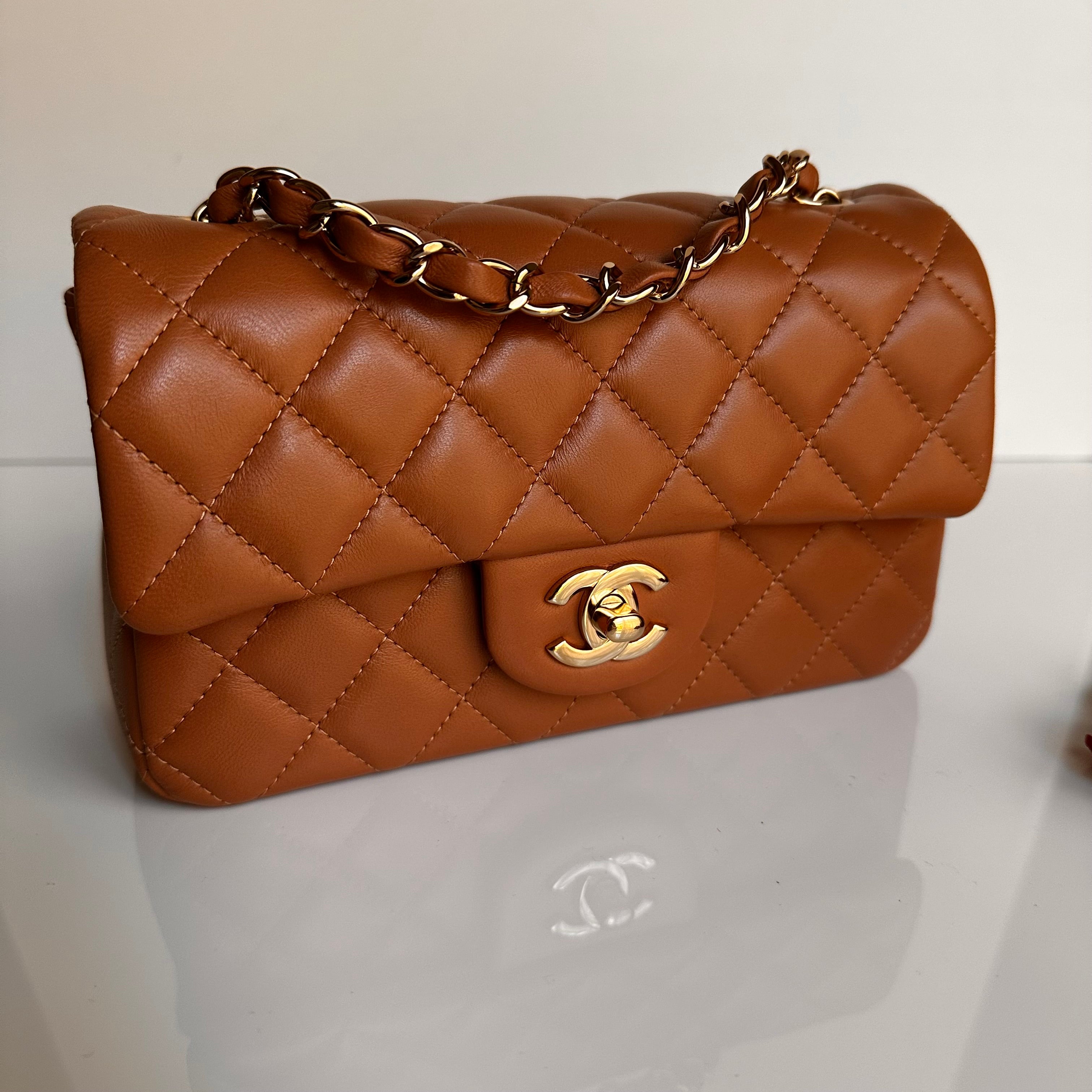 21P Chanel Mini Rectangular Classic Flap Caramel Brown Lambskin LGHW