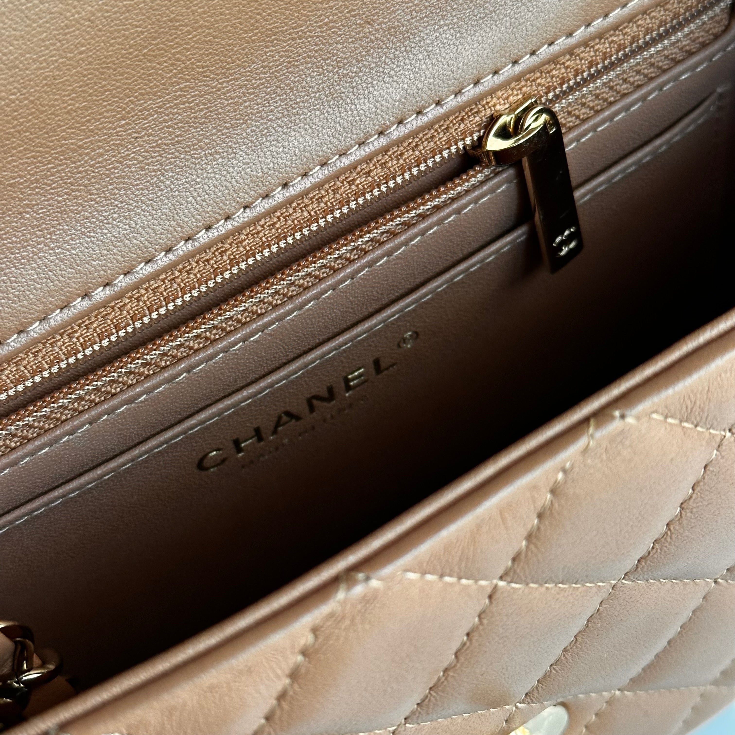21P Chanel Mini Rectangular Classic Flap Caramel Brown Lambskin LGHW
