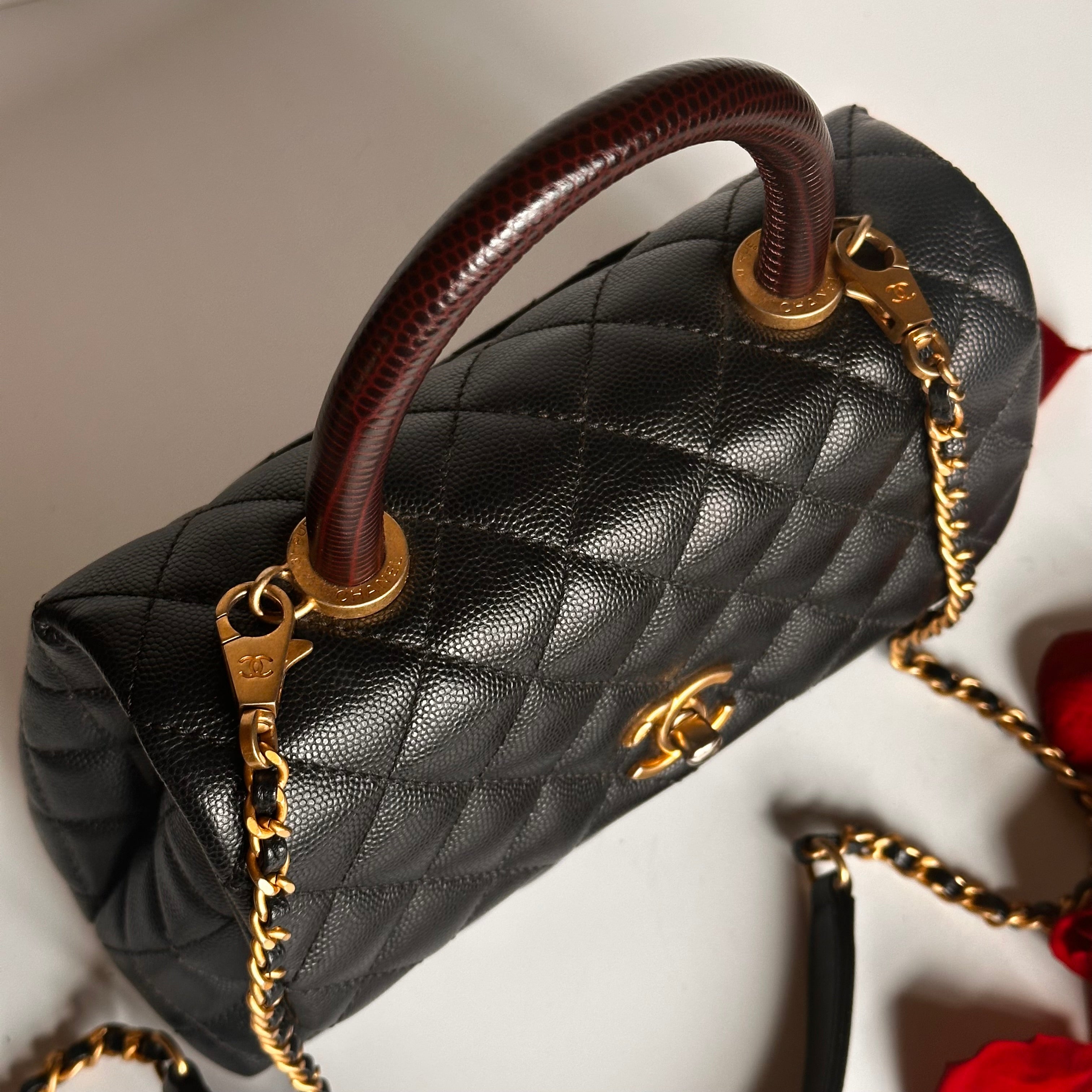 2019 Chanel Small Coco Handle Flap Black Caviar & Dark Burgundy Lizard Embossed Calfskin GHW