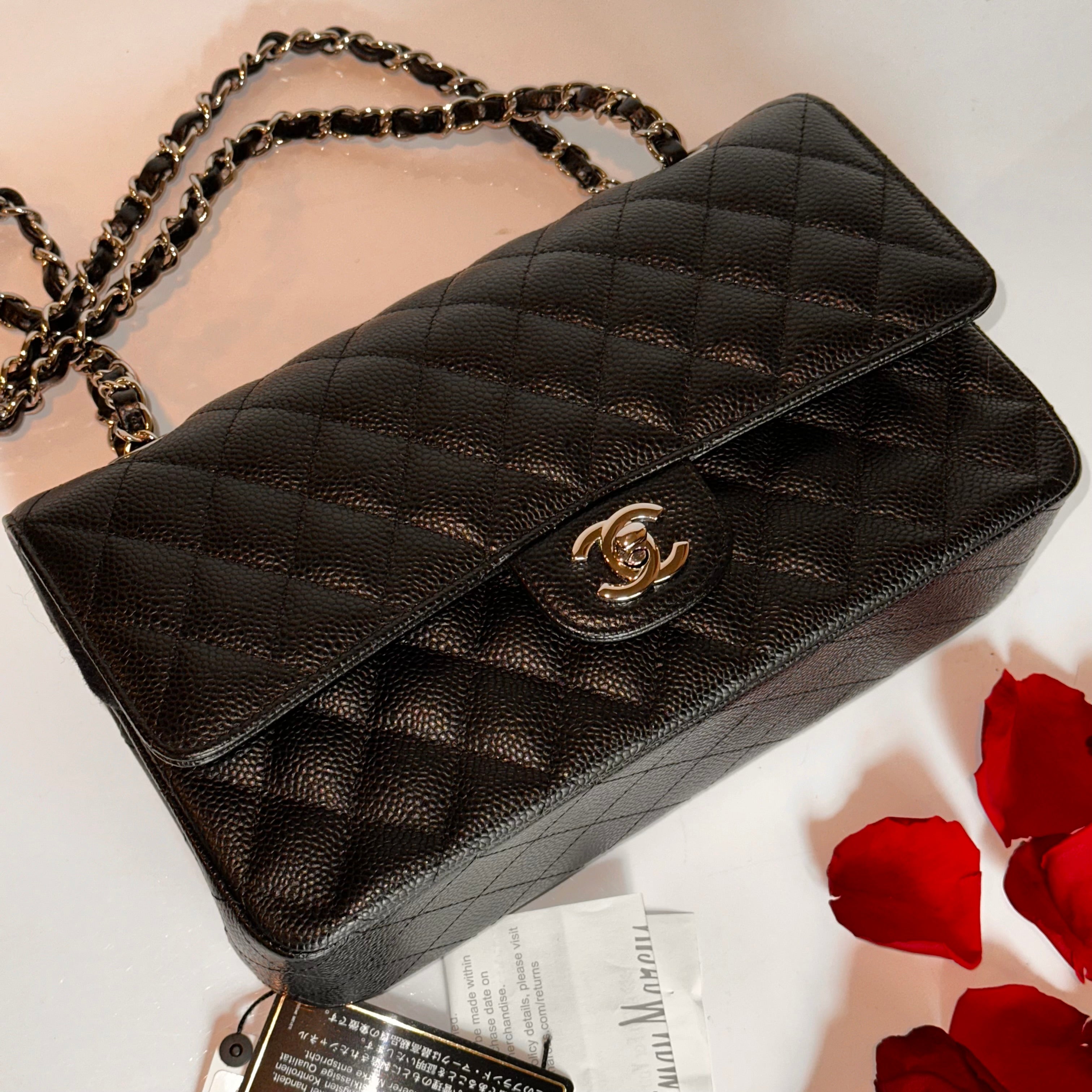 CHANEL Medium M/L Timeless Classic Quilted Double Flap Black Caviar/ 100% Naturally Grained Bordeaux LINING/ SHW