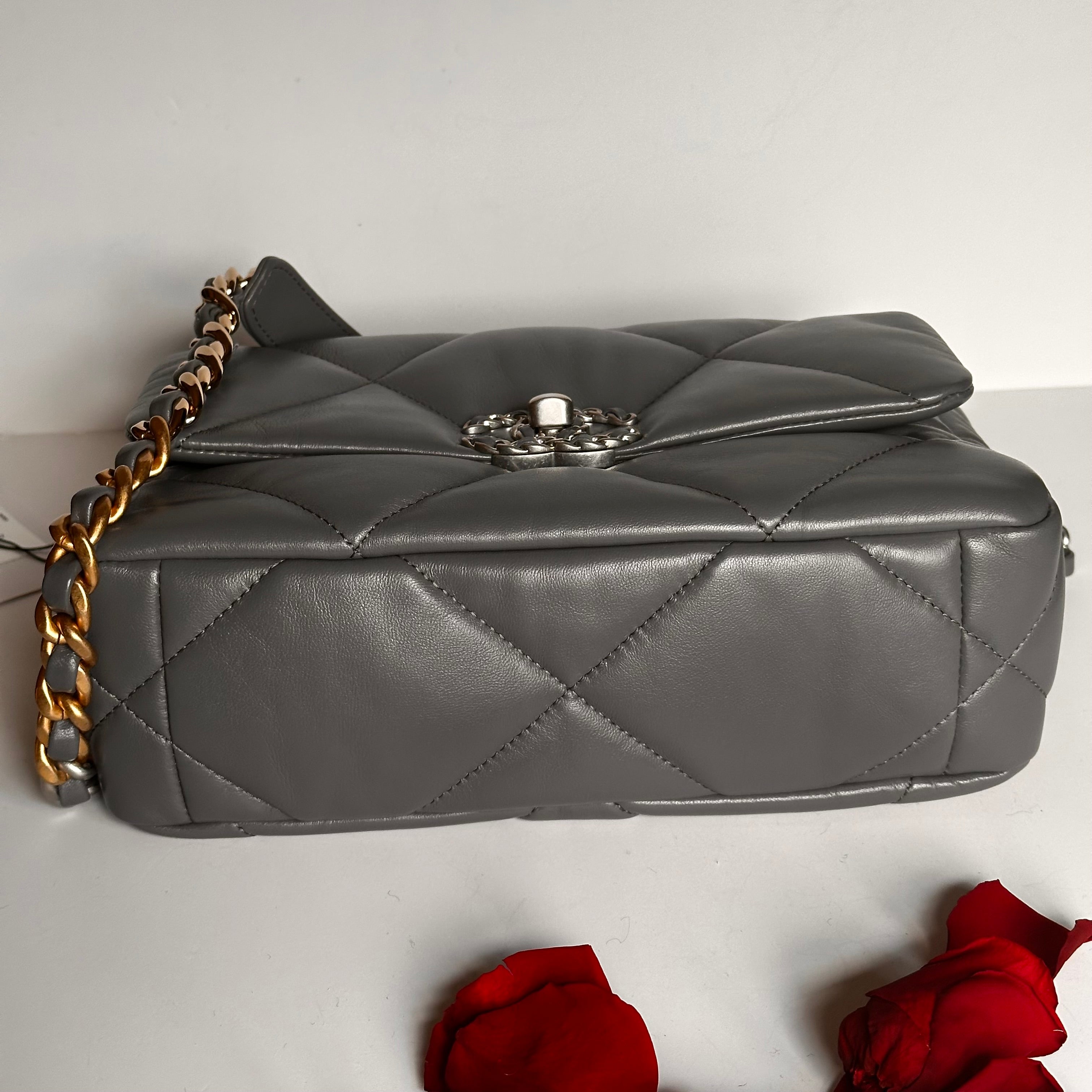 22A Chanel 19 Medium Flap Dark Grey Lambskin & Trio-Mix Hardware Finish