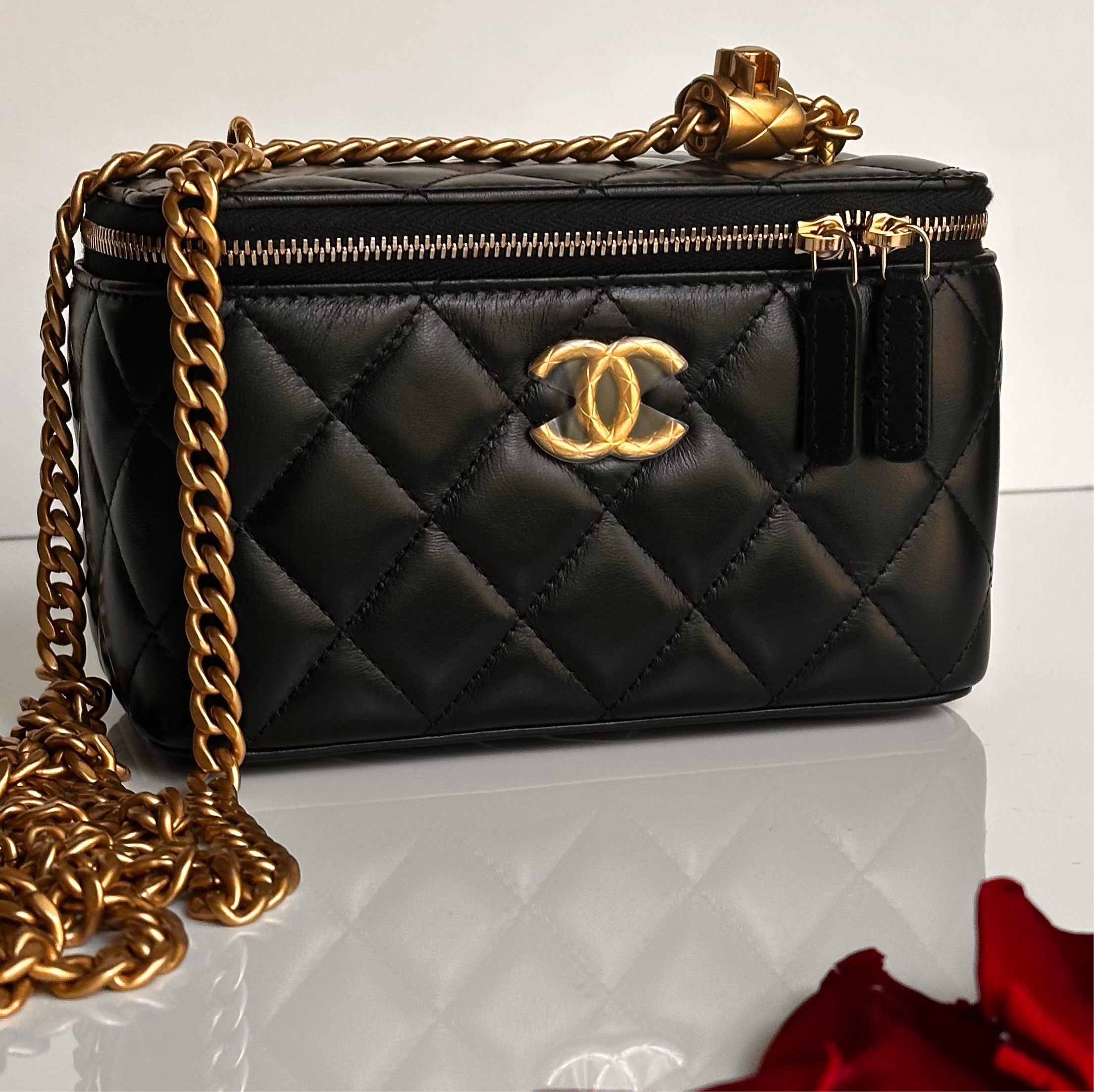 2023 Chanel All Side Long Vanity Bag Black Lambskin Aged Gold Hardware