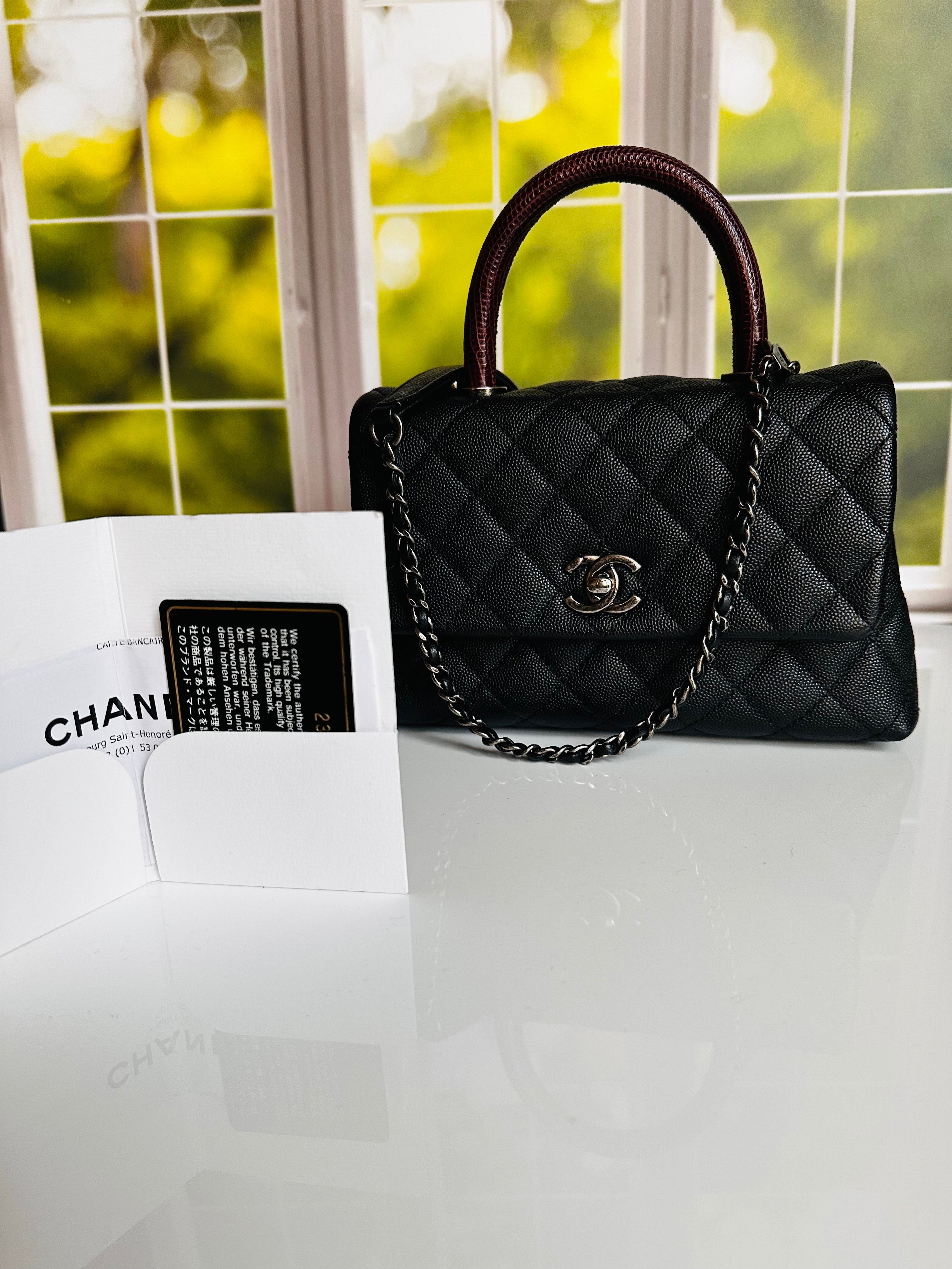 16B Chanel Small Coco Handle Black Caviar & Ruthenium Hardware w/Lizard Accent