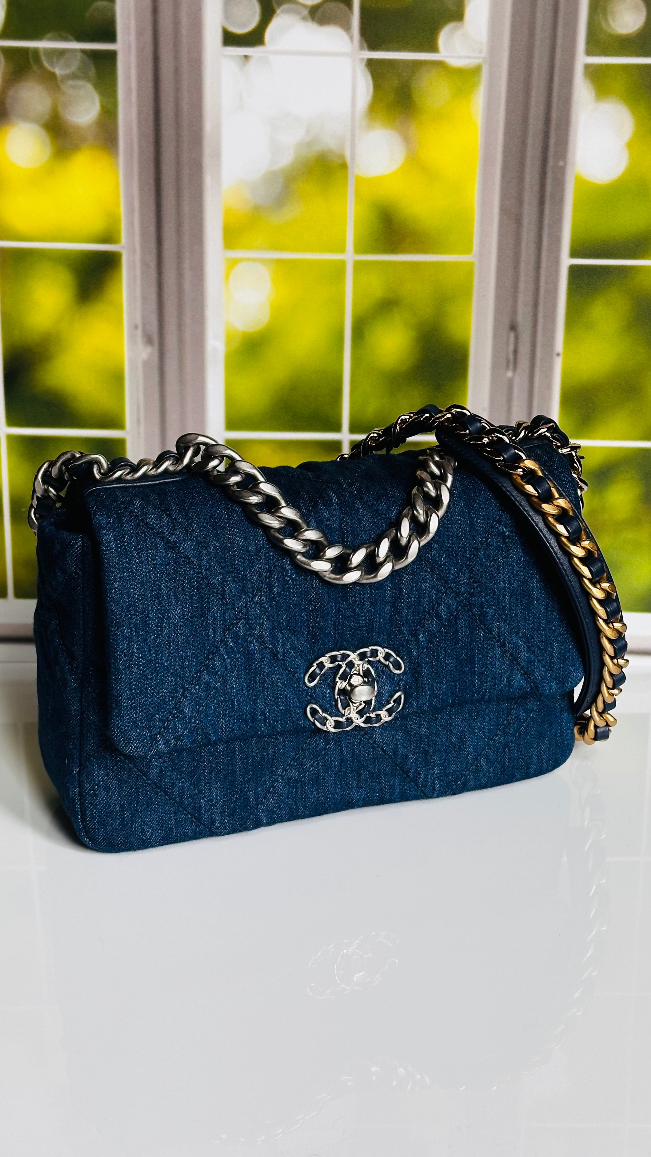 2022 Chanel Small-Medium 19 Flap Dark Blue Denim w/mixed Finish Hardware