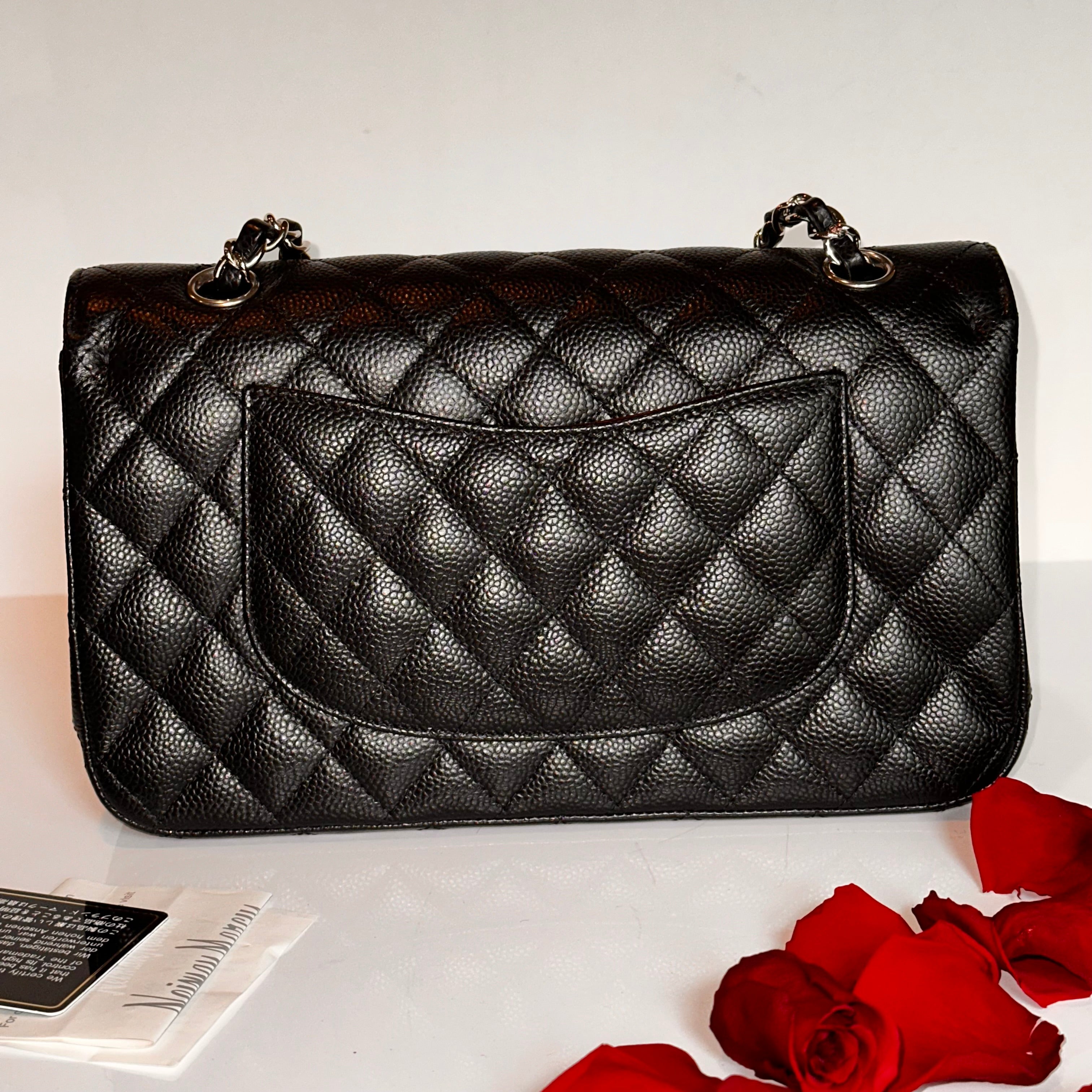CHANEL Medium M/L Timeless Classic Quilted Double Flap Black Caviar/ 100% Naturally Grained Bordeaux LINING/ SHW