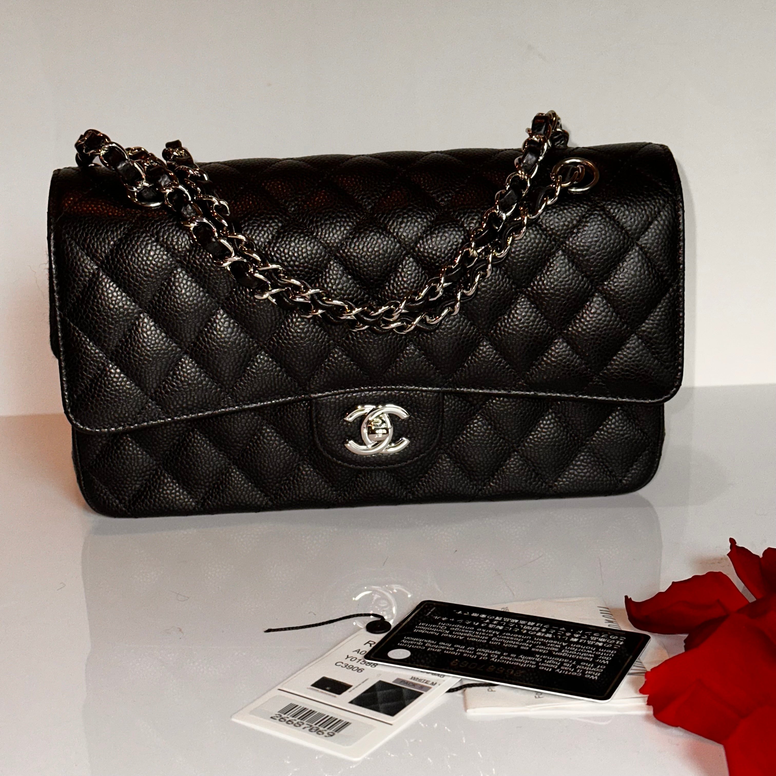 CHANEL Medium M/L Timeless Classic Quilted Double Flap Black Caviar/ 100% Naturally Grained Bordeaux LINING/ SHW