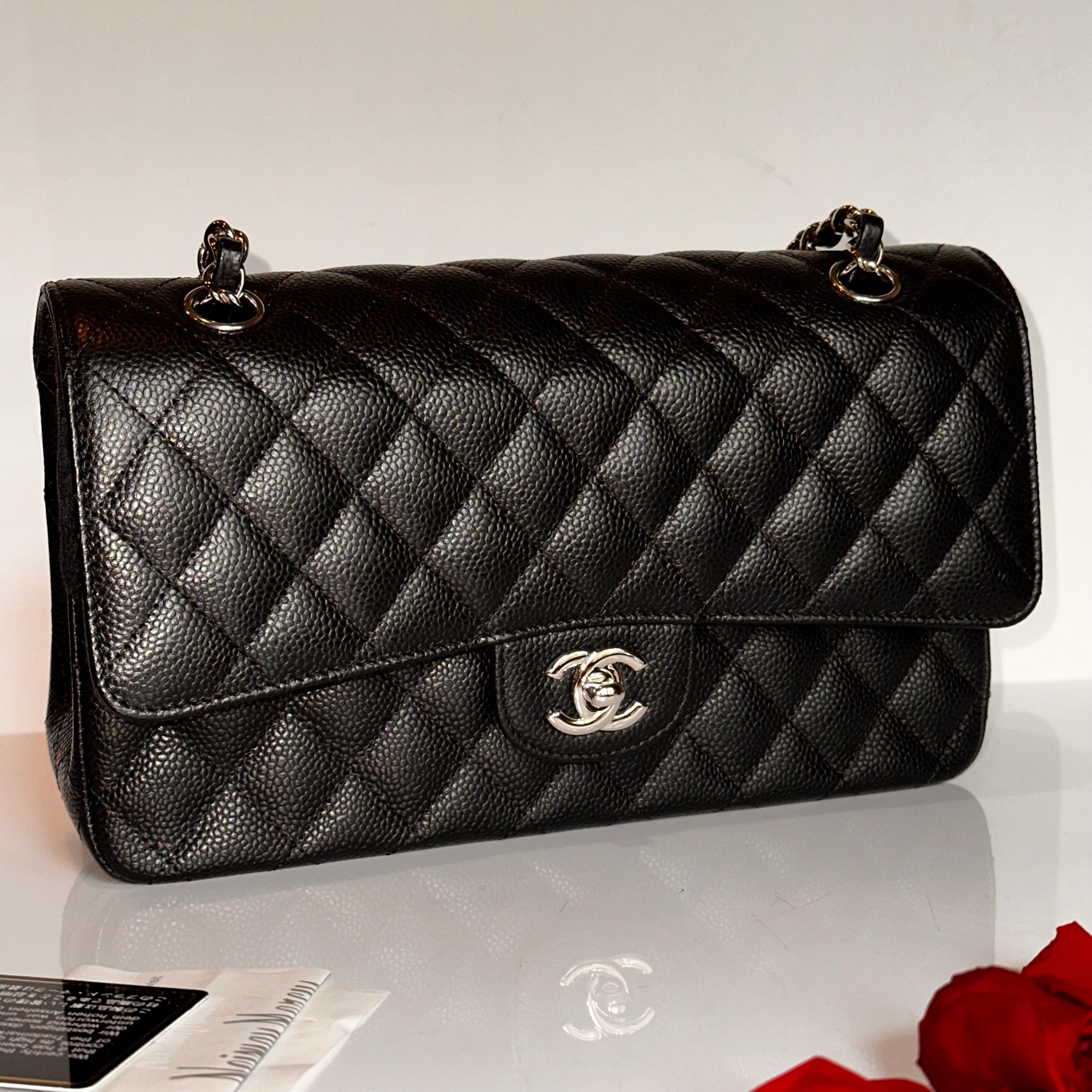 CHANEL Medium M/L Timeless Classic Quilted Double Flap Black Caviar/ 100% Naturally Grained Bordeaux LINING/ SHW