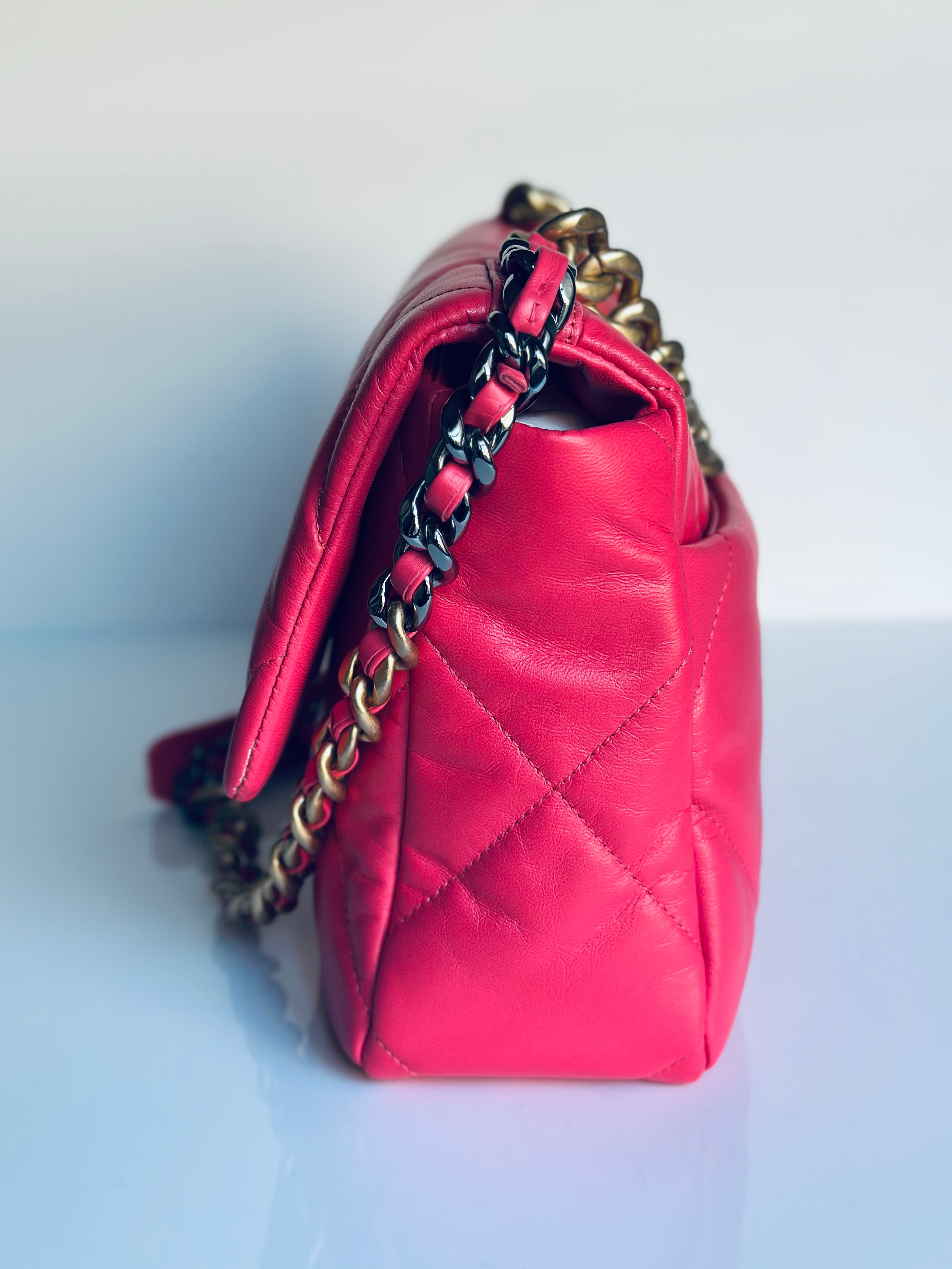 2020 Chanel 19 Large Flap Dark Pink Goatskin Trio-Mix Finish Hardware