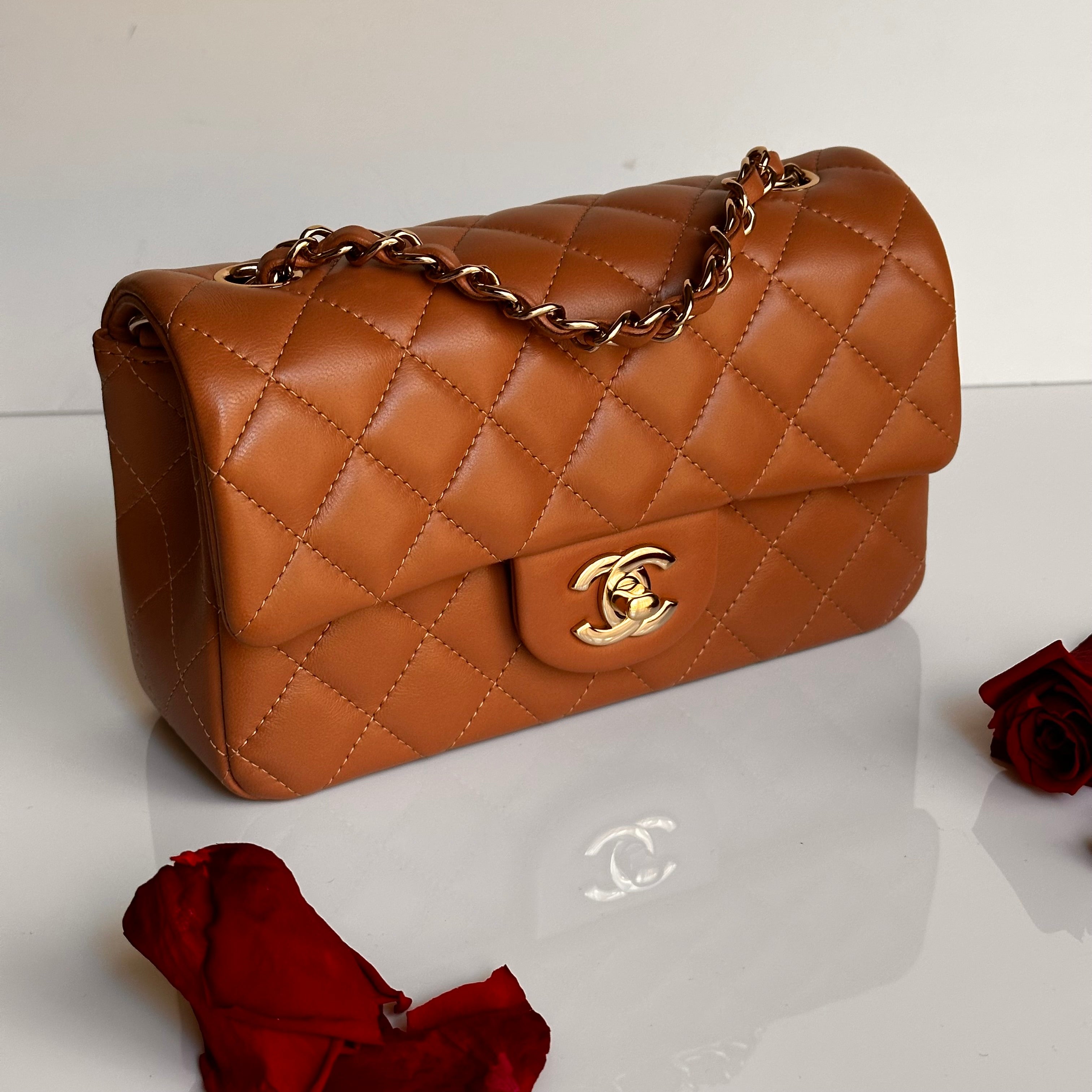 21P Chanel Mini Rectangular Classic Flap Caramel Brown Lambskin LGHW