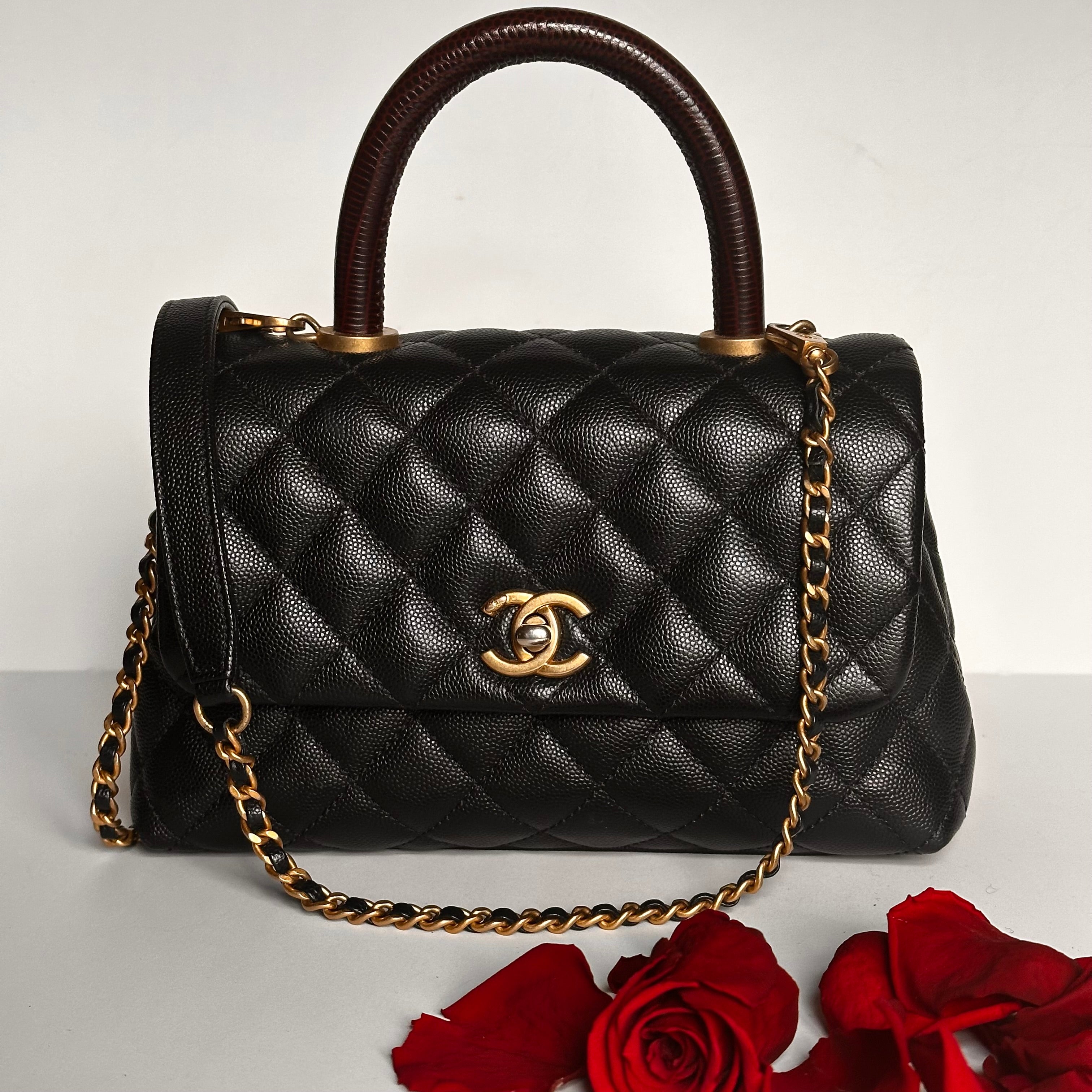 2019 Chanel Small Coco Handle Flap Black Caviar & Dark Burgundy Lizard Embossed Calfskin GHW