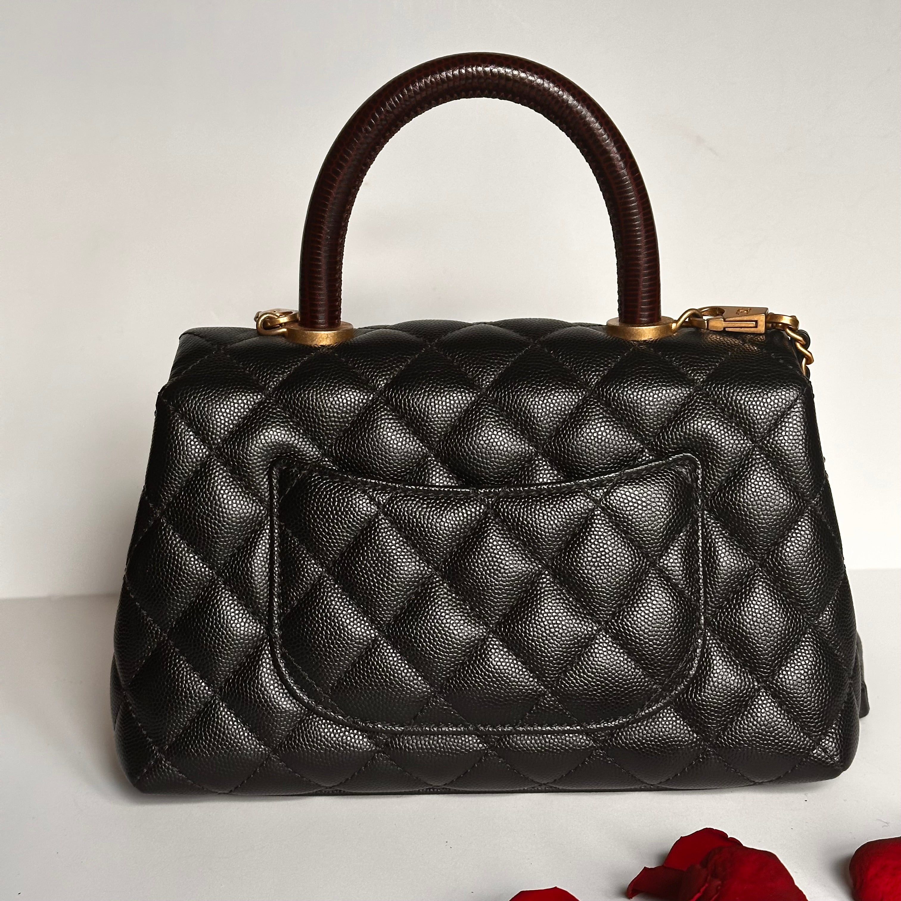 2019 Chanel Small Coco Handle Flap Black Caviar & Dark Burgundy Lizard Embossed Calfskin GHW