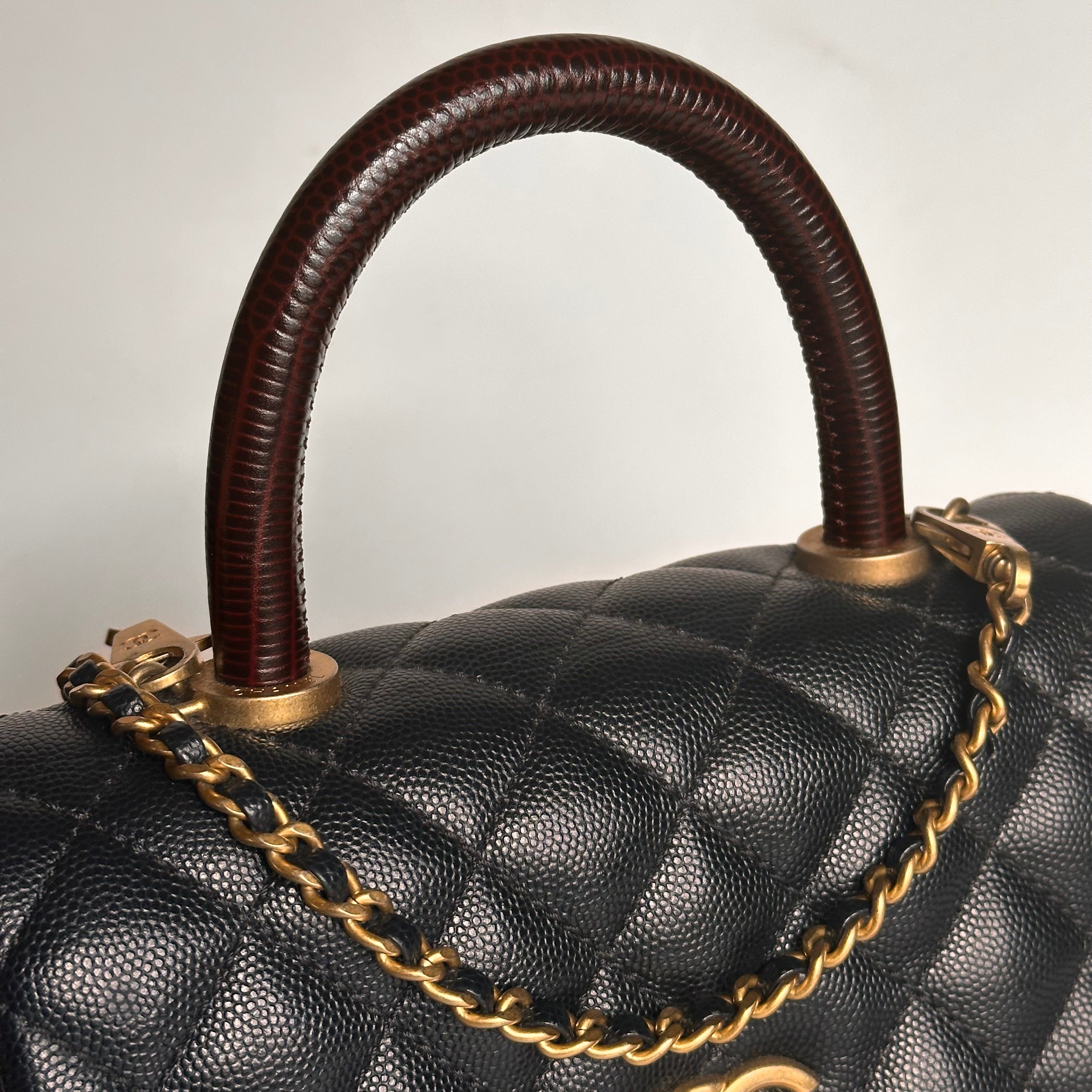 2019 Chanel Small Coco Handle Flap Black Caviar & Dark Burgundy Lizard Embossed Calfskin GHW