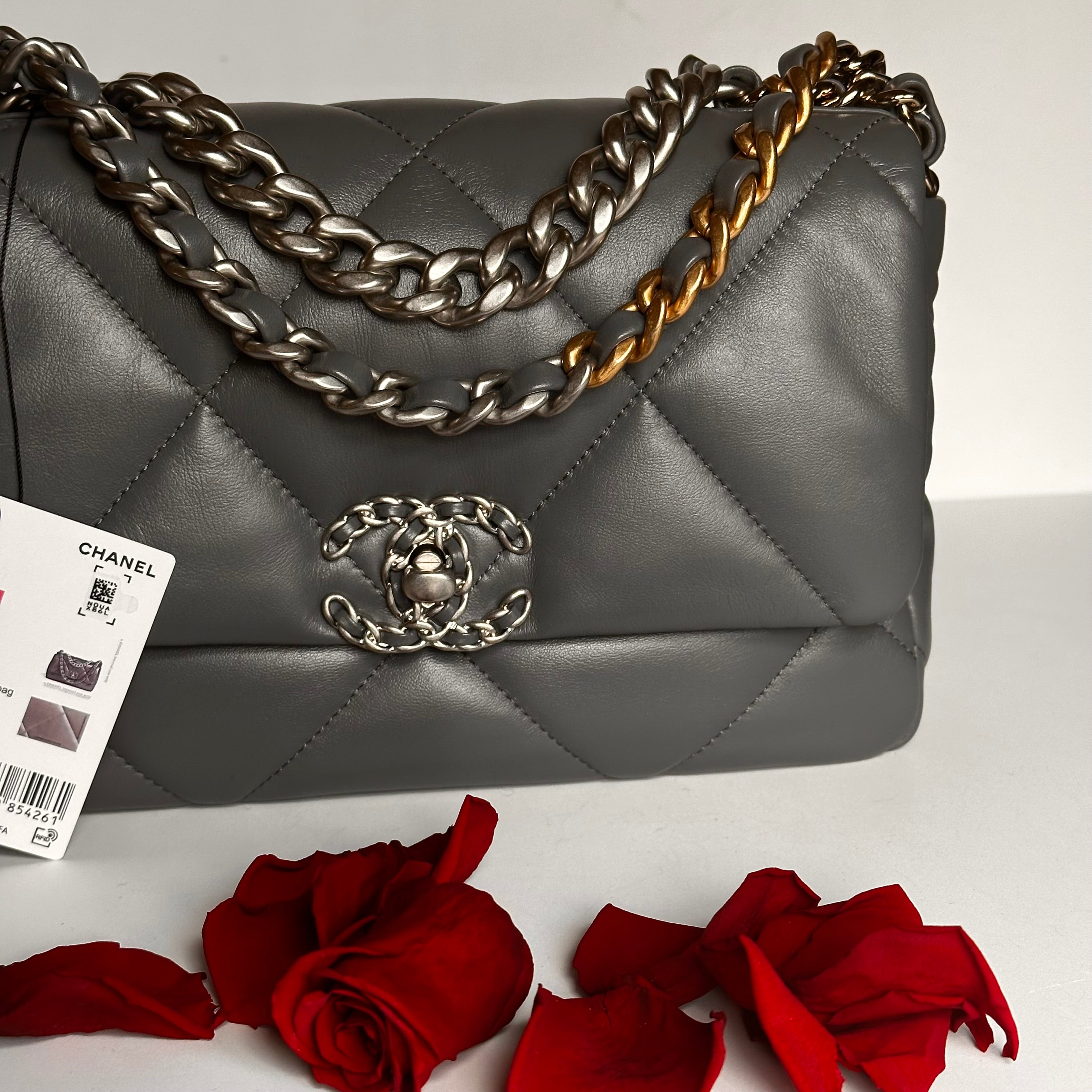 22A Chanel 19 Medium Flap Dark Grey Lambskin & Trio-Mix Hardware Finish