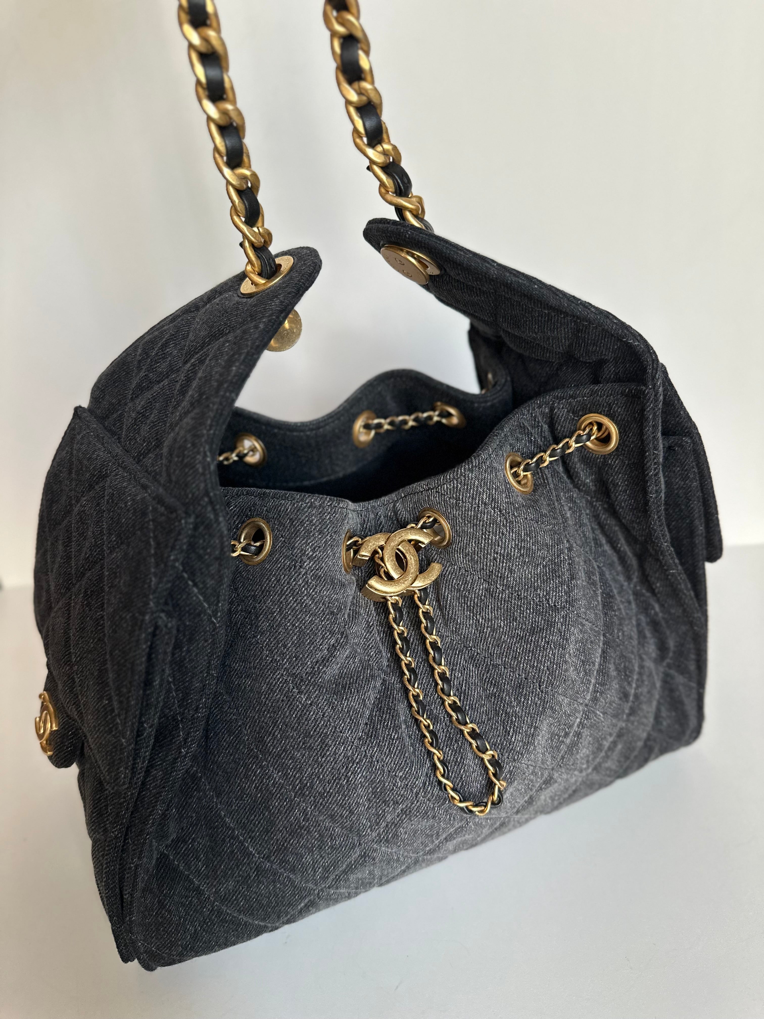 2026 Chanel Small 25 Hobo Bag Black Washed Denim GHW