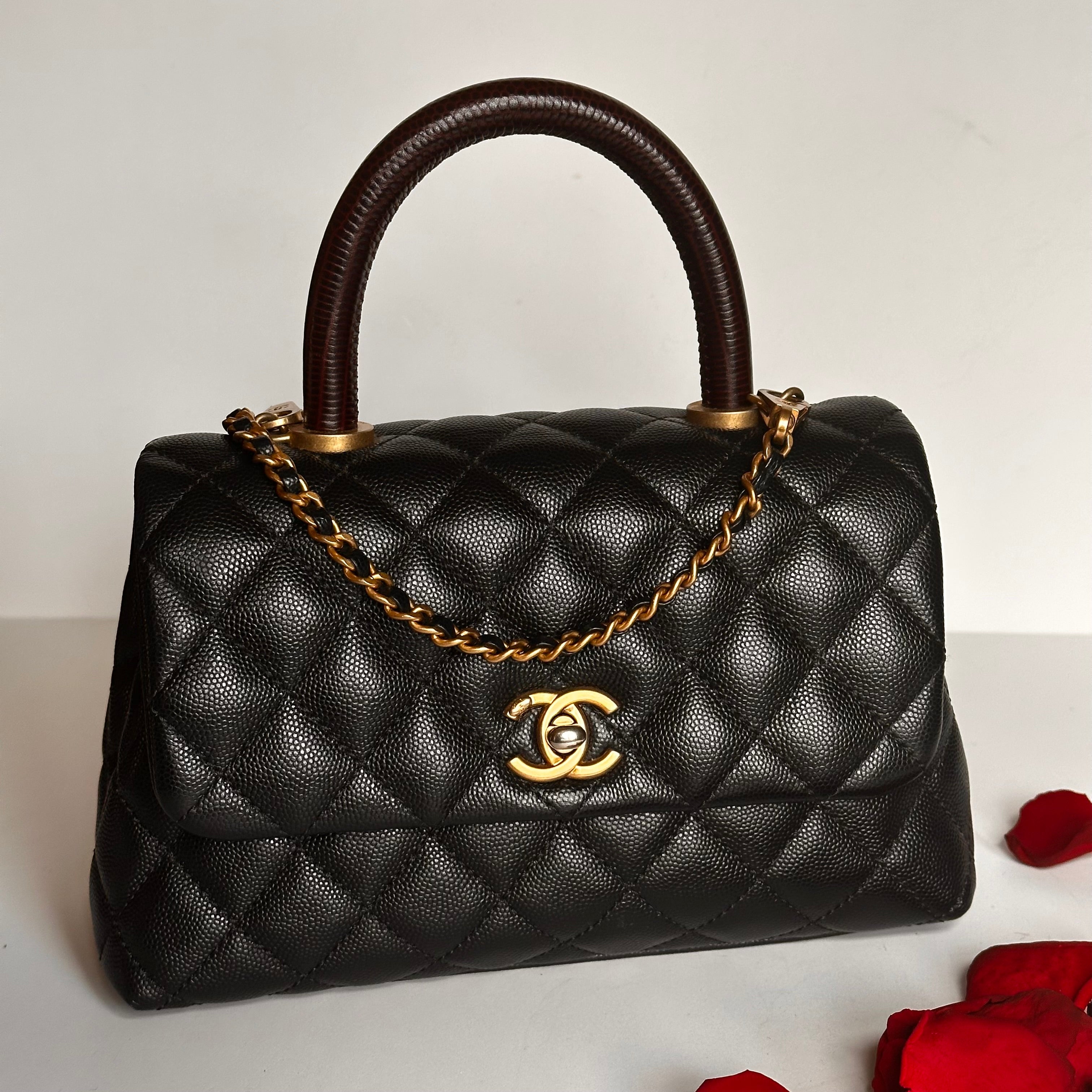 2019 Chanel Small Coco Handle Flap Black Caviar & Dark Burgundy Lizard Embossed Calfskin GHW