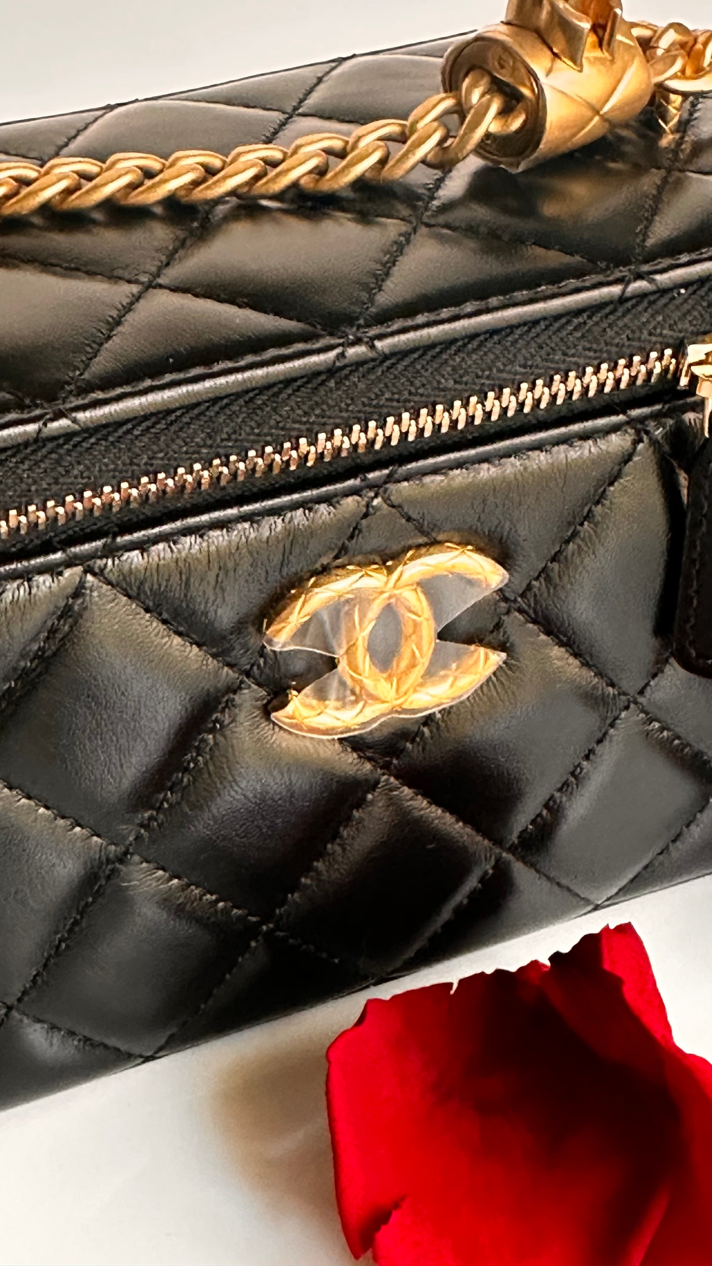 2023 Chanel All Side Long Vanity Bag Black Lambskin Aged Gold Hardware