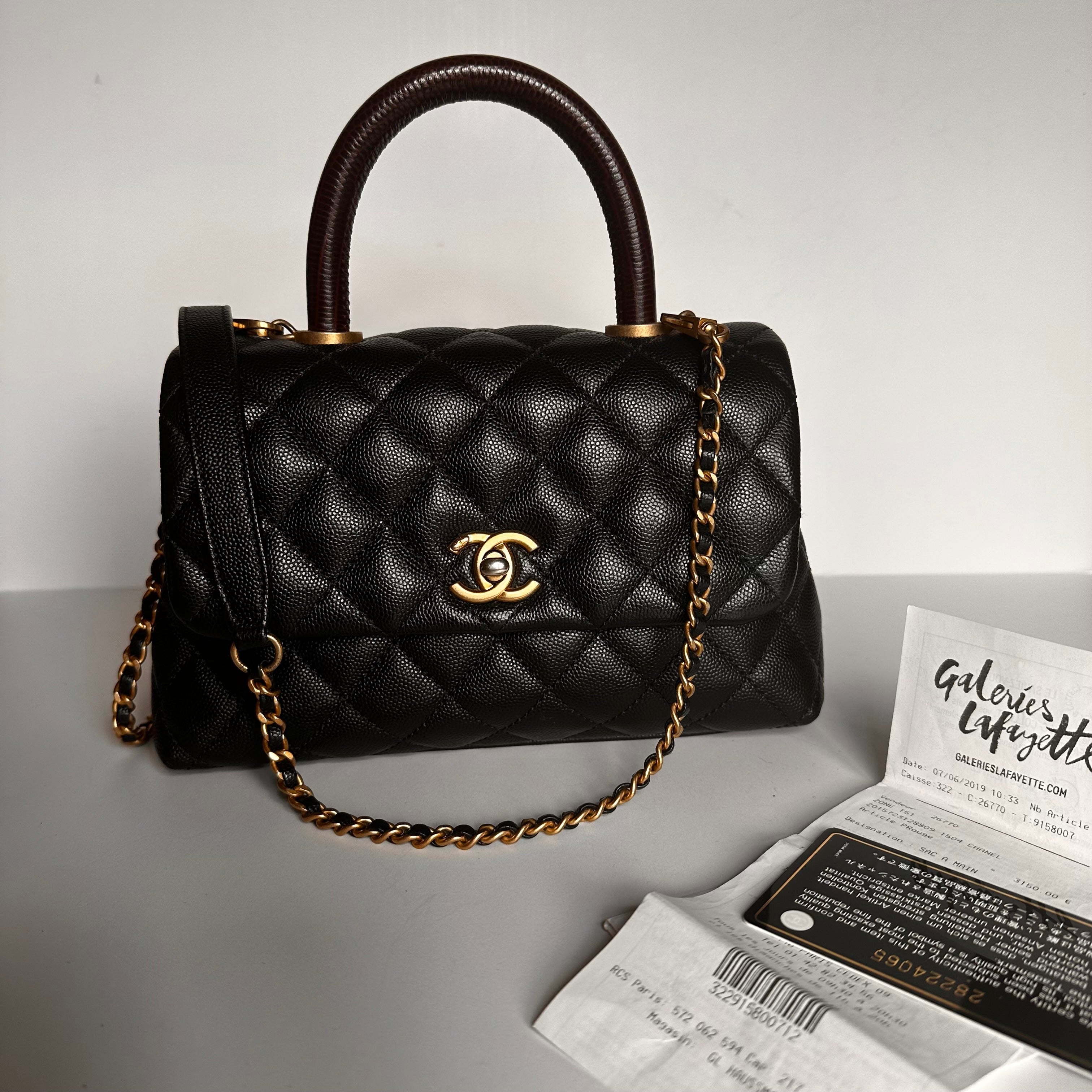 2019 Chanel Small Coco Handle Flap Black Caviar & Dark Burgundy Lizard Embossed Calfskin GHW