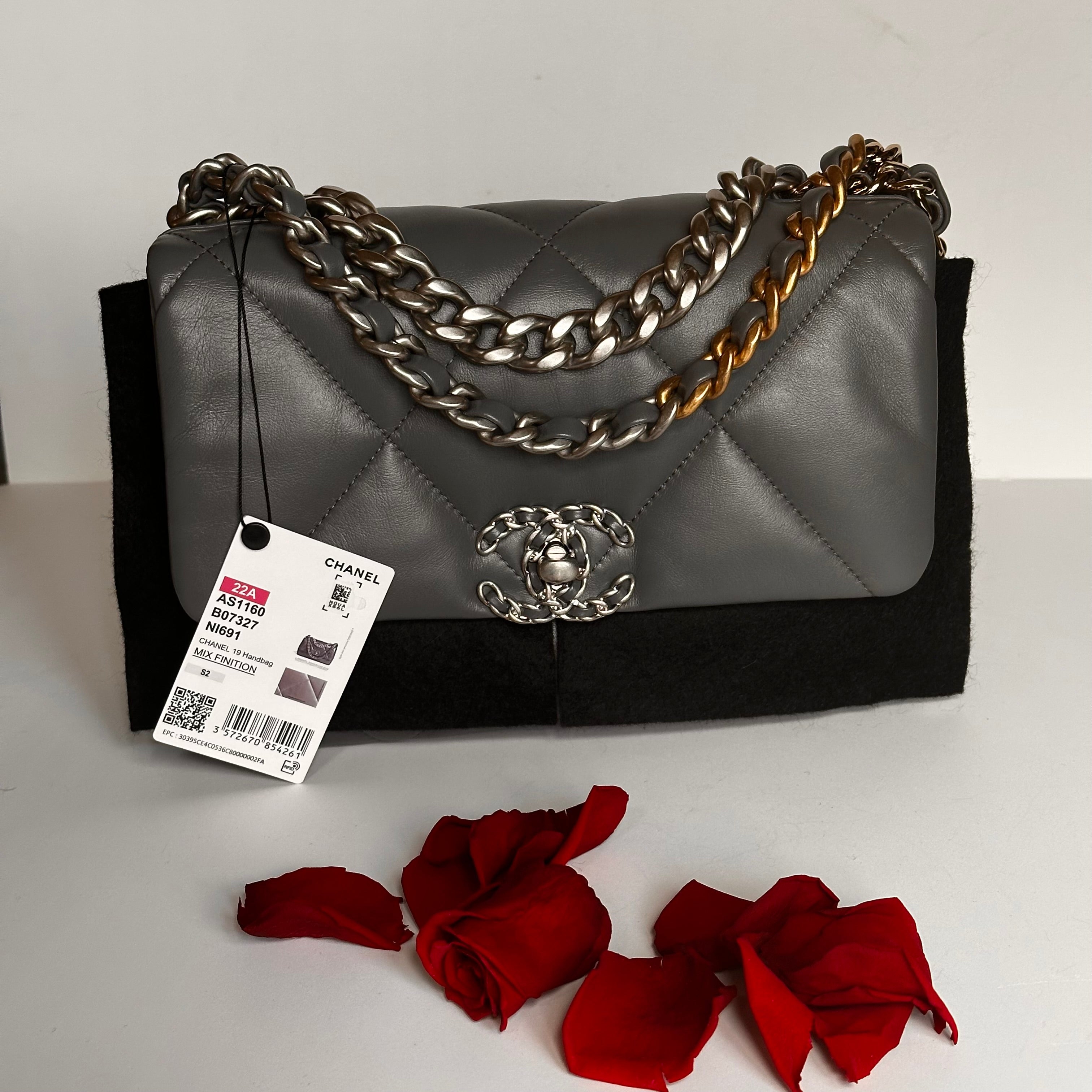 22A Chanel 19 Medium Flap Dark Grey Lambskin & Trio-Mix Hardware Finish