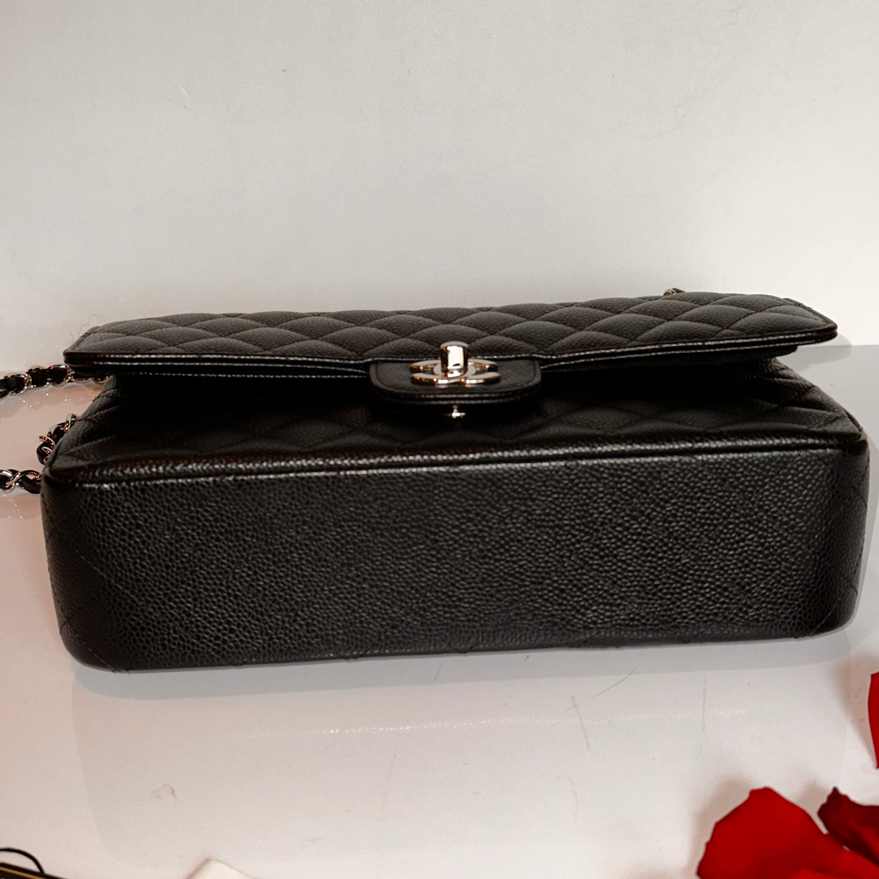 CHANEL Medium M/L Timeless Classic Quilted Double Flap Black Caviar/ 100% Naturally Grained Bordeaux LINING/ SHW