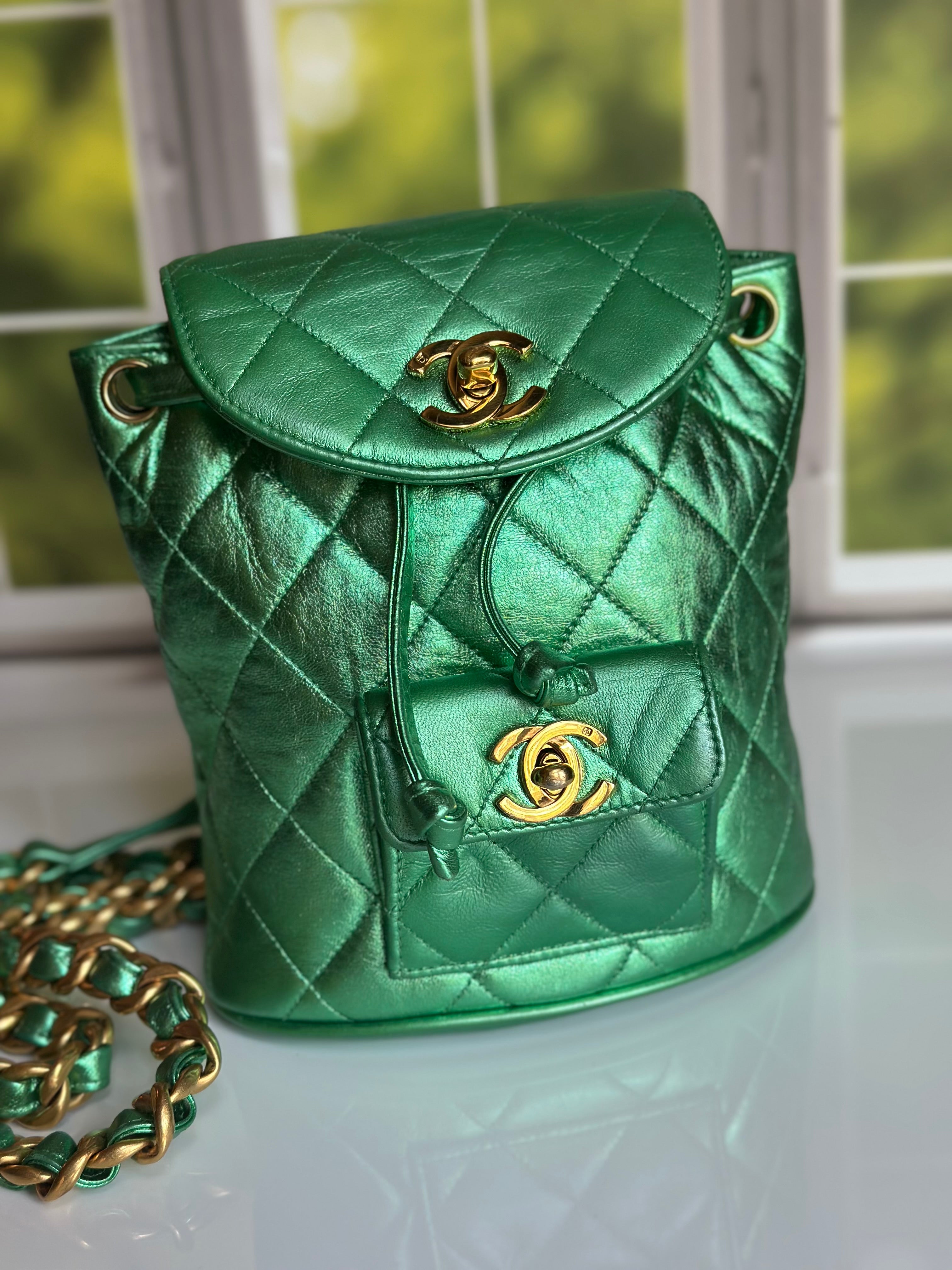 1994 Chanel Mini Duma Backpack Metallic Green Lambskin & 24K Gold Plated Hardware